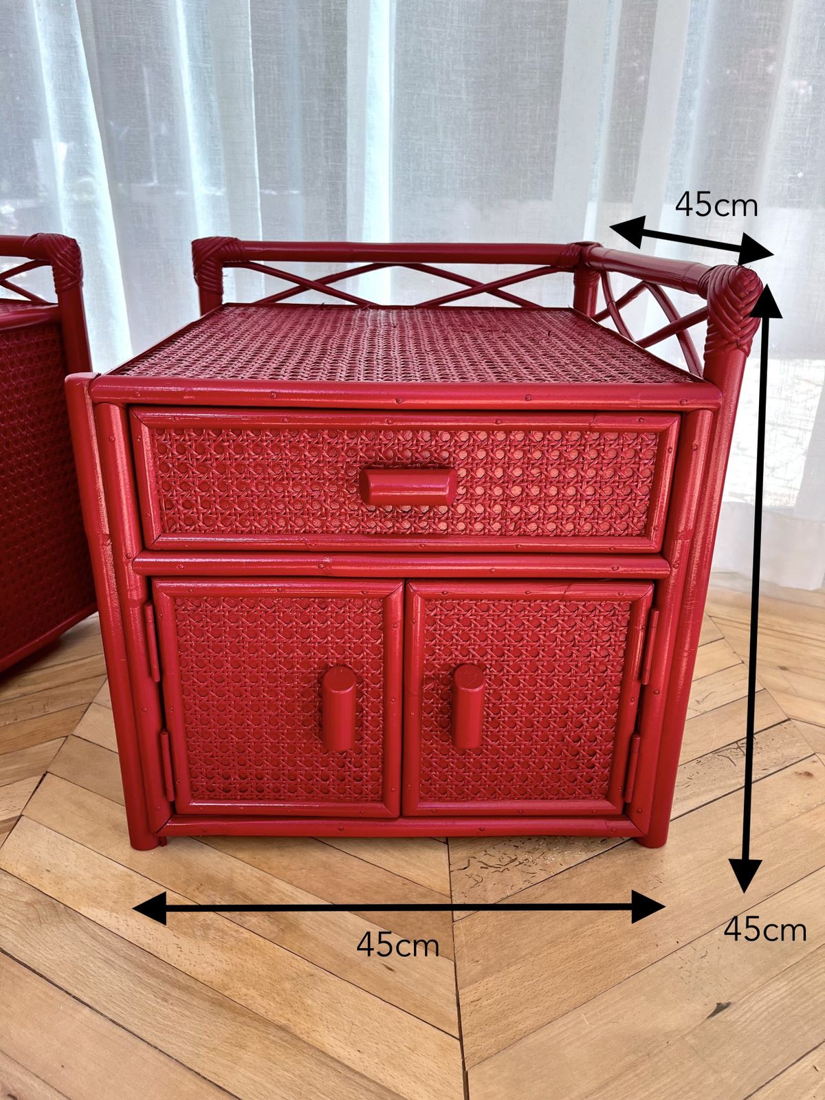 Pair Of Red Lacquered, Bamboo And Cane Bedside Cabinets photo furniture