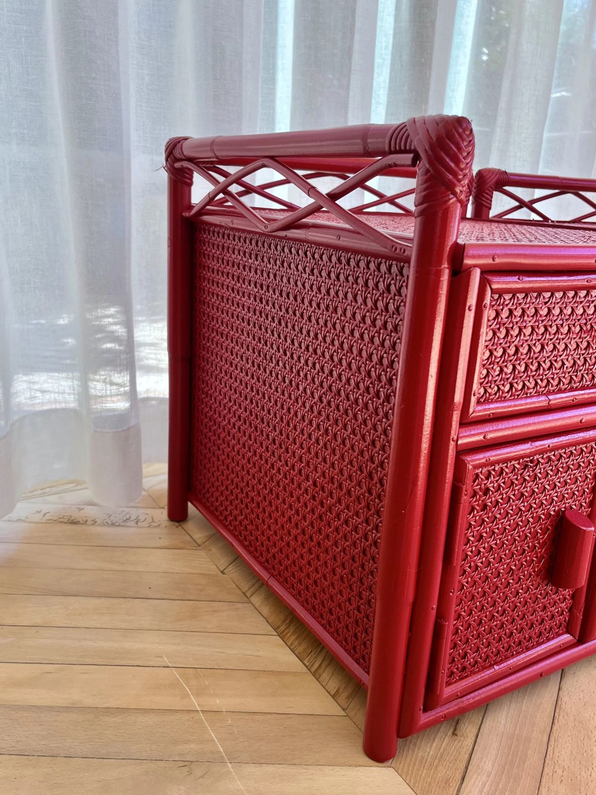 Pair Of Red Lacquered, Bamboo And Cane Bedside Cabinets photo 745.0