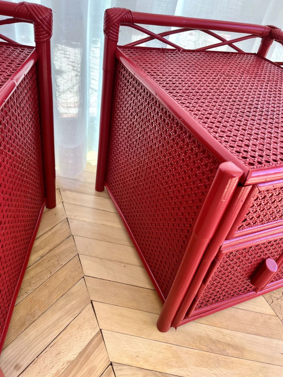 745.0 Pair Of Red Lacquered, Bamboo And Cane Bedside Cabinets photo