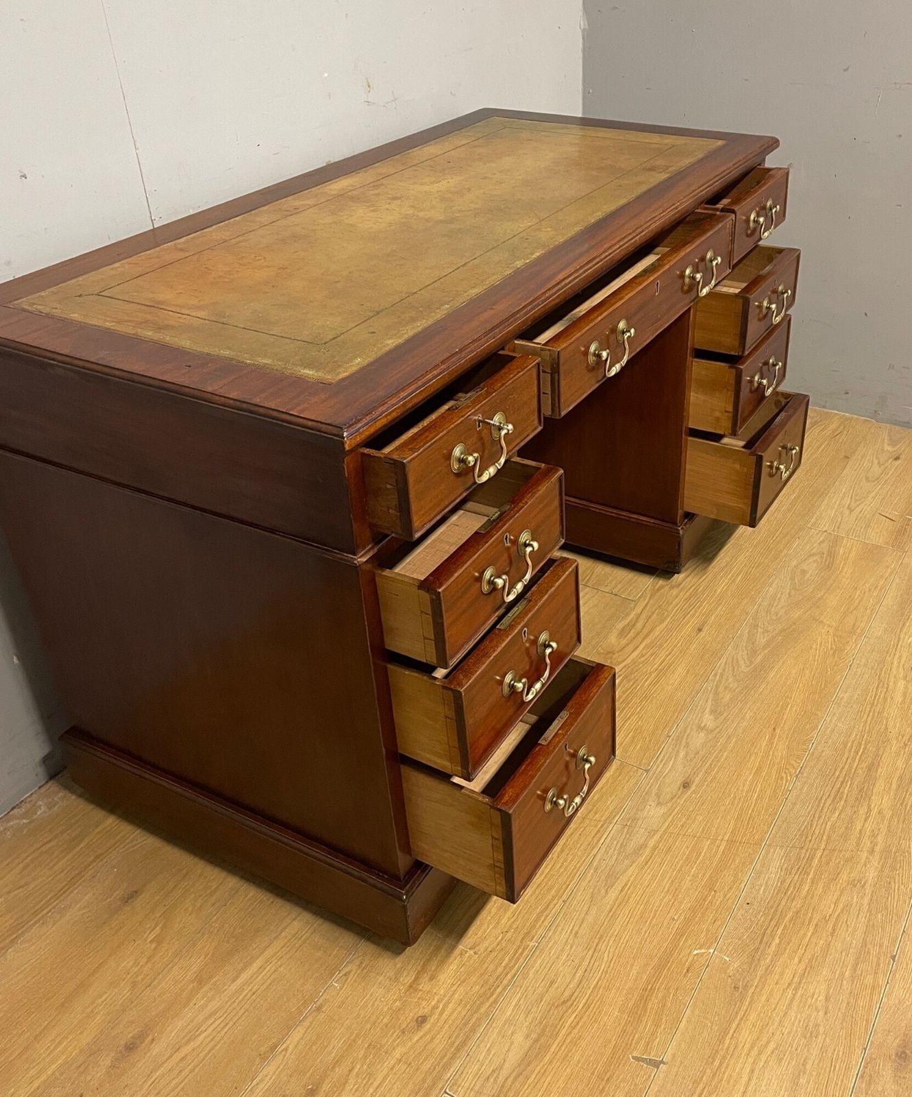 Edwardian Mahogany Pedestal Three Part Desk With A Tooled Leather photo vintage