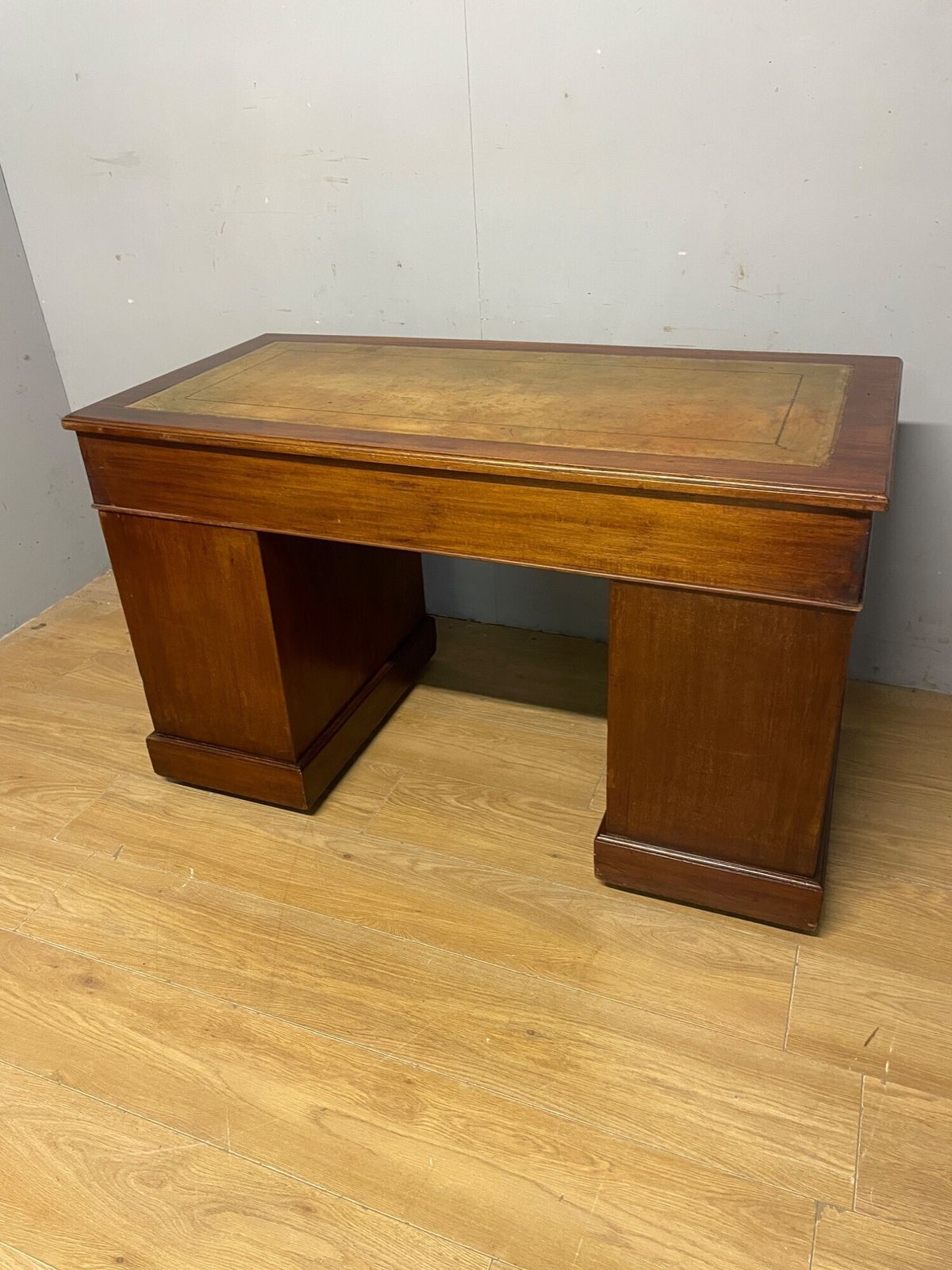 695.0 Edwardian Mahogany Pedestal Three Part Desk With A Tooled Leather photo
