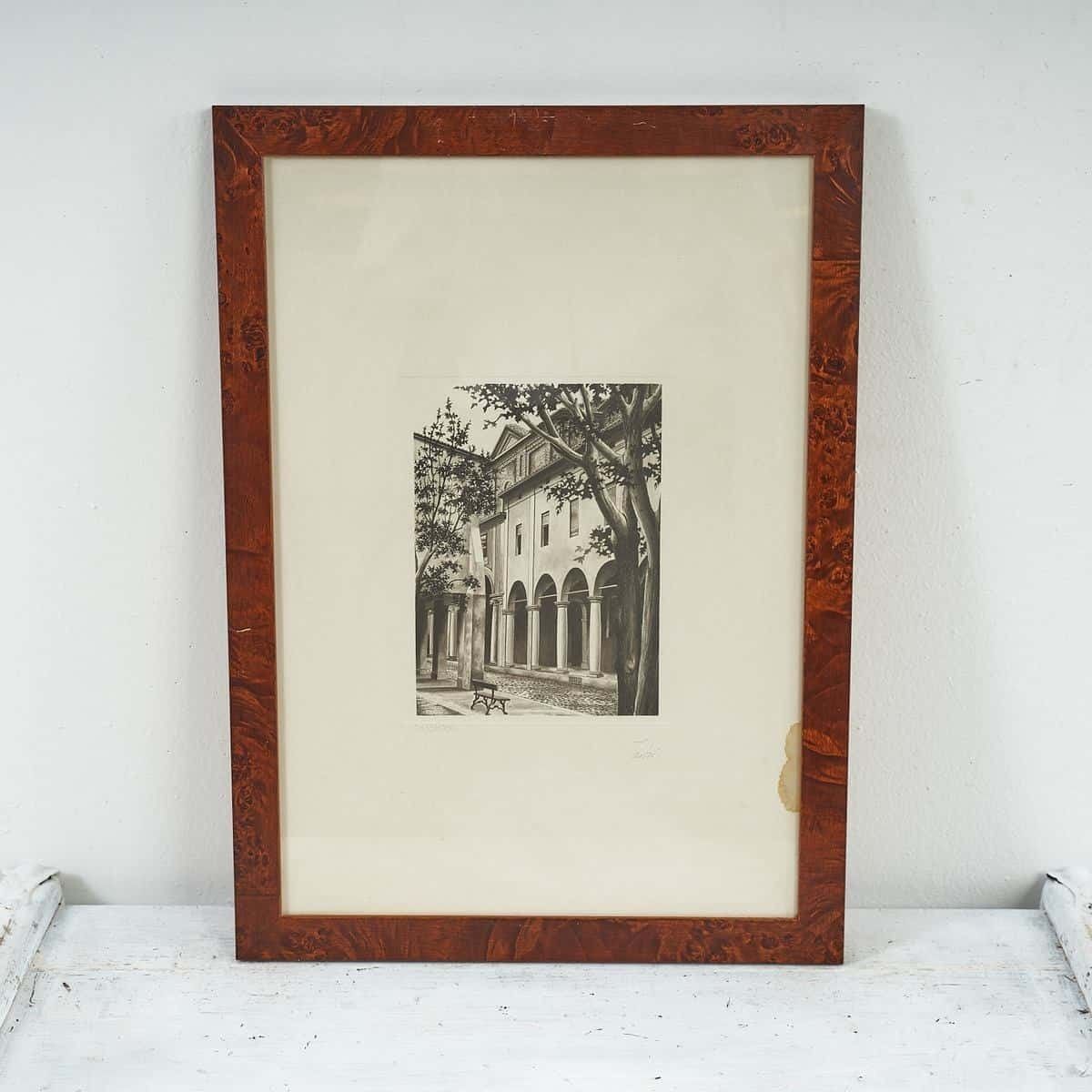 Numbered Engraving, View Of A City, Columns And A Cobbled Street.