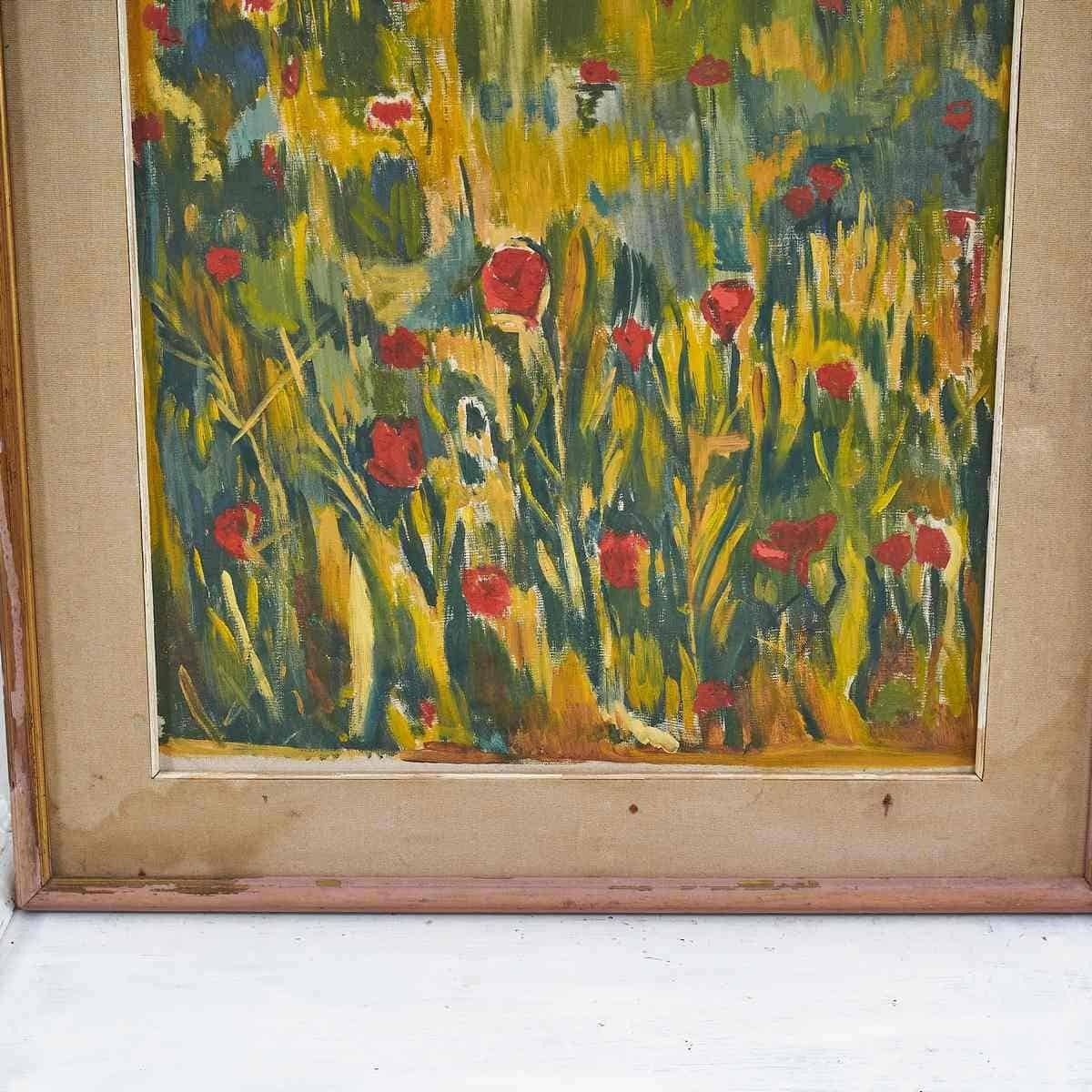 Oil On Canvas Flowering Fields Oil Painting Of Poppy Field, 1970s photo for sale