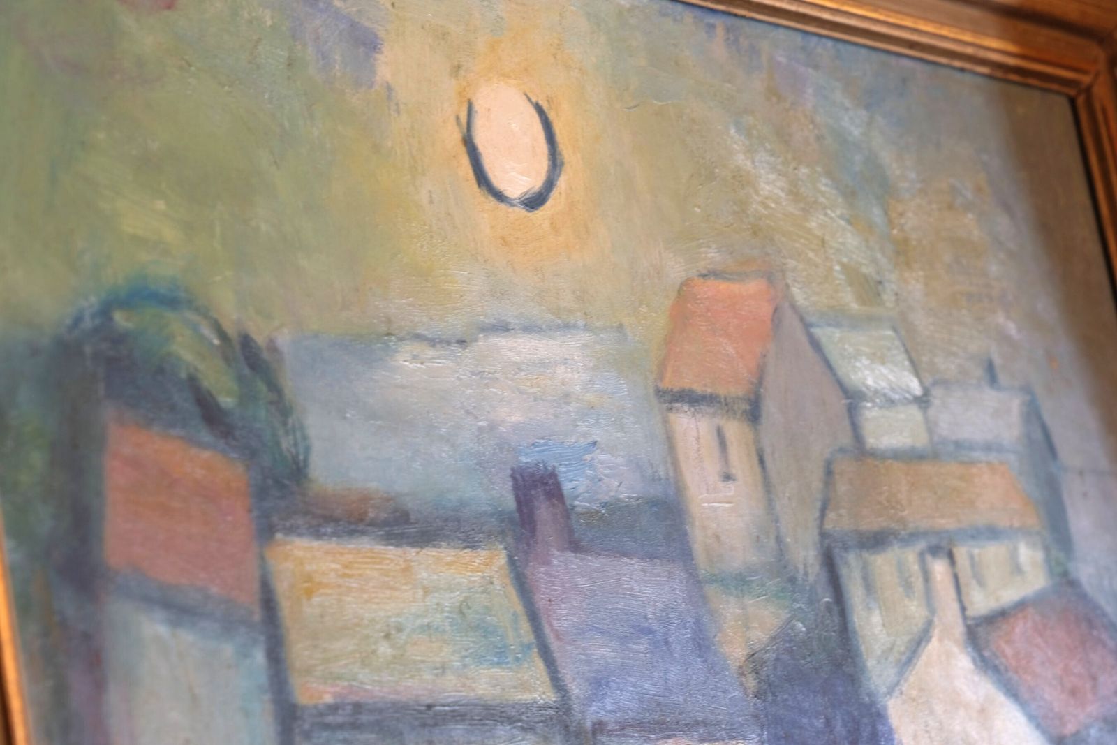 photo vinterior Colourful Pastel Harbour Scene – Mid 20th Century Expressive Coastal Painting
