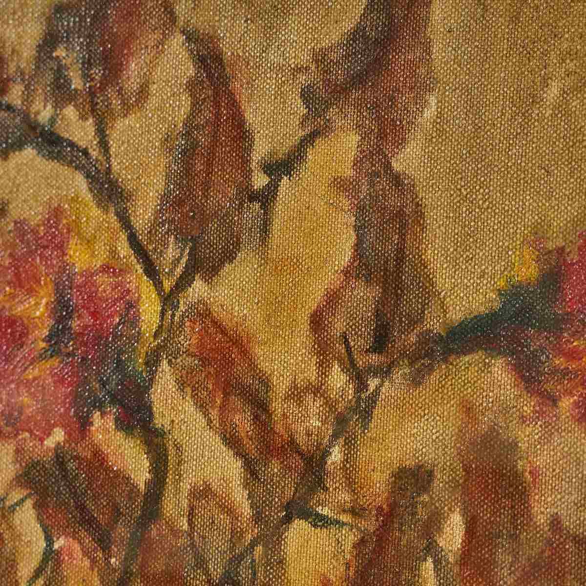 Oil On Canvas White Vase Adorned With Autumn Leaves By A. Rimondini photo for sale