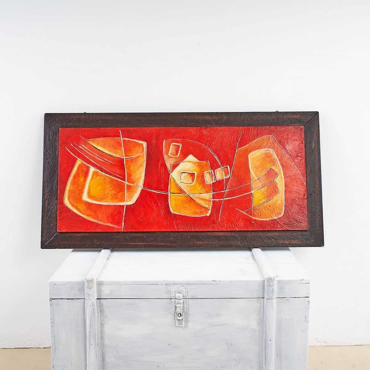 Mixed Media Acrylic On Board Signed Orlando, Abstraction Of Warm Colors
