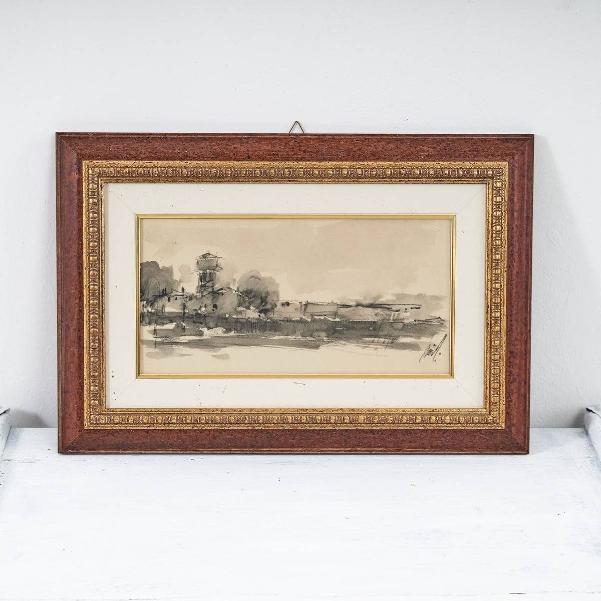 Elegant Framed Watercolor Landscape On Paper, 1980s