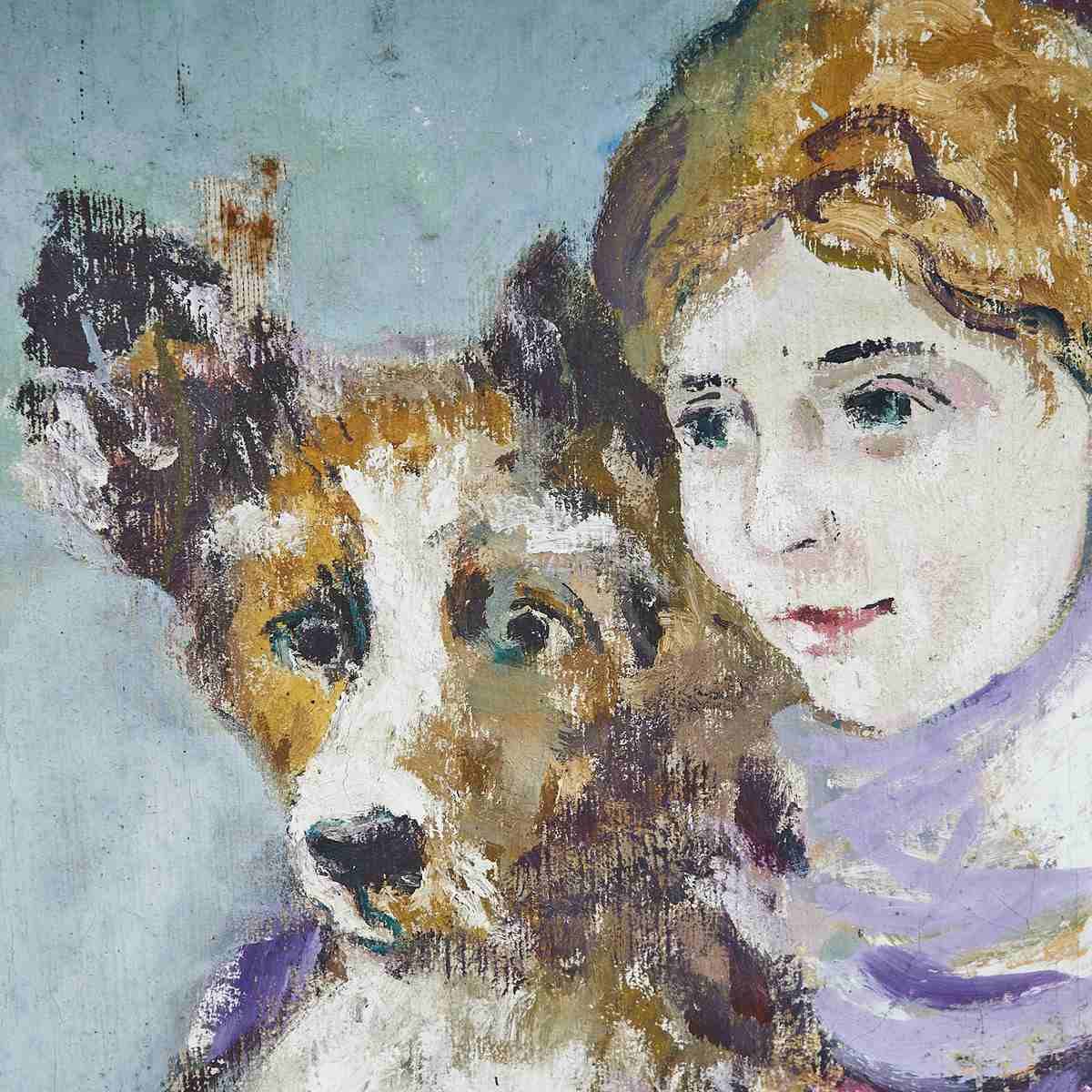 Vintage Oil On Canvas “Girl With Dog” photo furniture