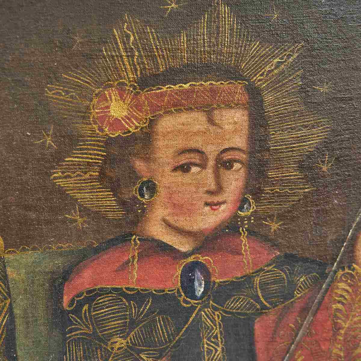 Oil On Antique Canvas “Virgin Girl Spinner”, Cuzco School, Work With Splendid Golden Frame photo furniture