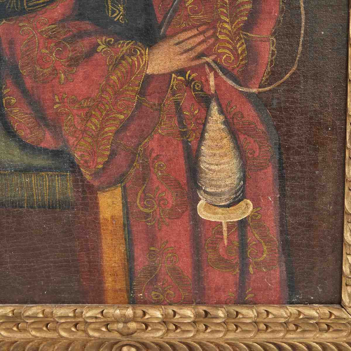 Oil On Antique Canvas “Virgin Girl Spinner”, Cuzco School, Work With Splendid Golden Frame photo for sale