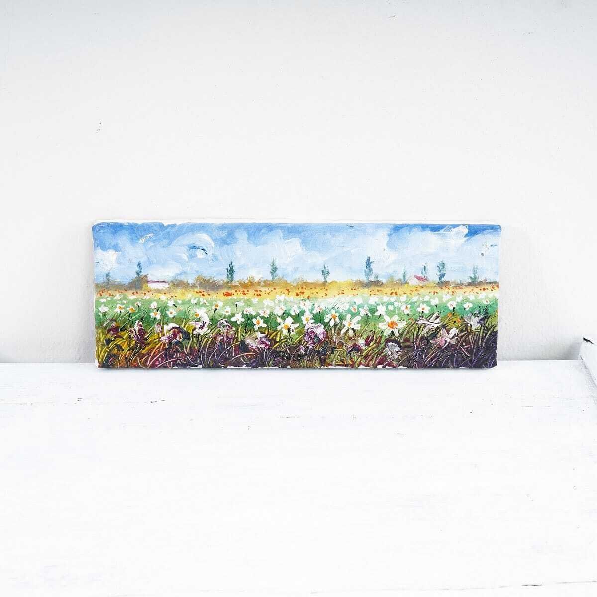 Oil On Vintage Canvas, Field Of Flowers