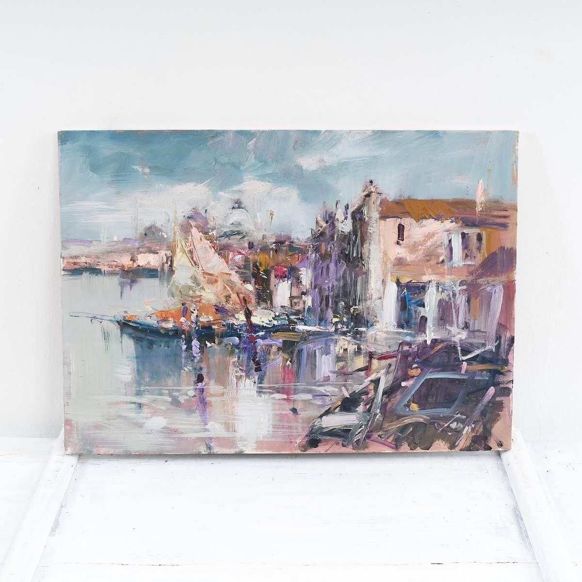 Oil On Canvas Elegant Painting Of Porto Marino By Renzo Piccoli