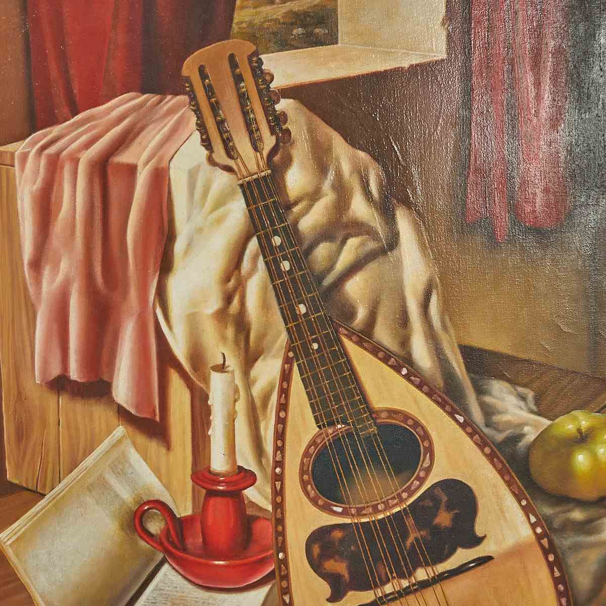 Oil On Canvas Still Life With Mandolin By Guglielmo Zisa Di Guglielmo photo for sale