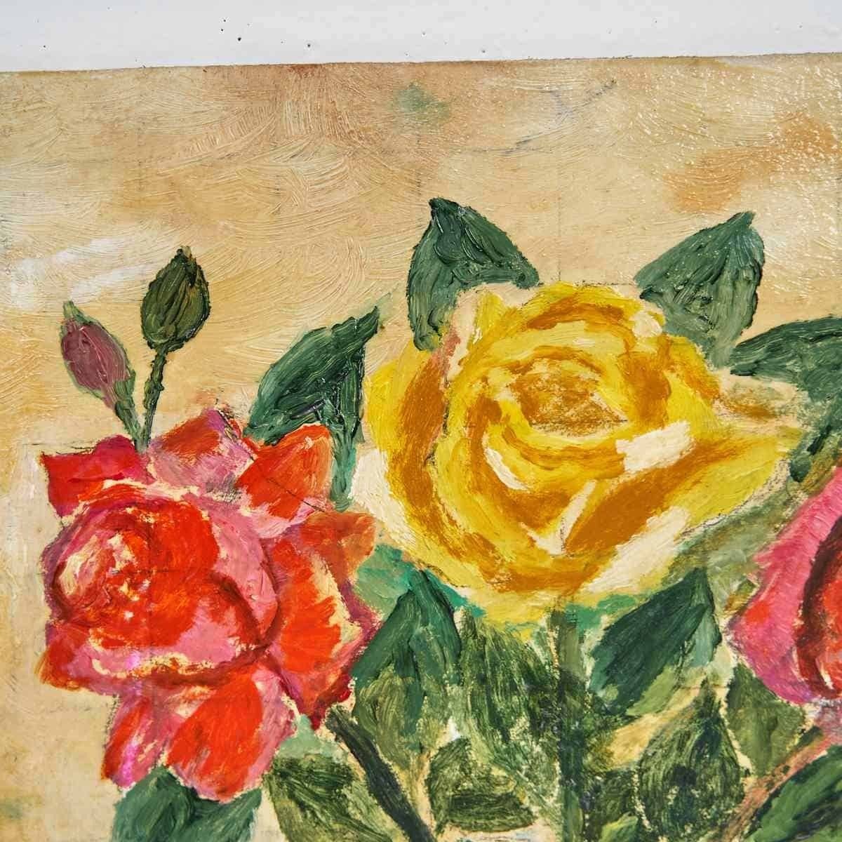 Oil On Fresco Panel Bouquet Of Roses In A Vase, 1960s photo furniture