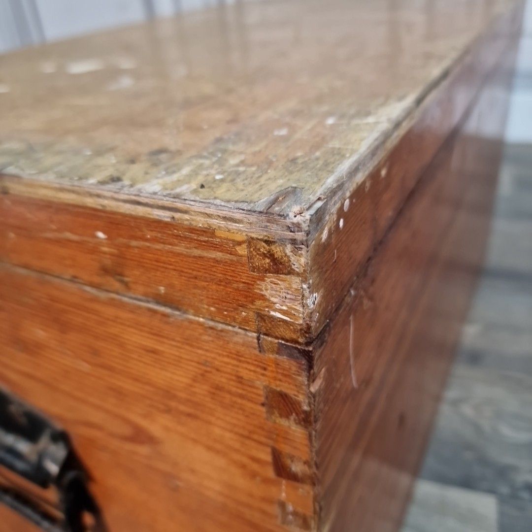 photo buy Antique Pine Storage Trunk Chest Wooden Blanket Tool Box Rustic Coffee Table