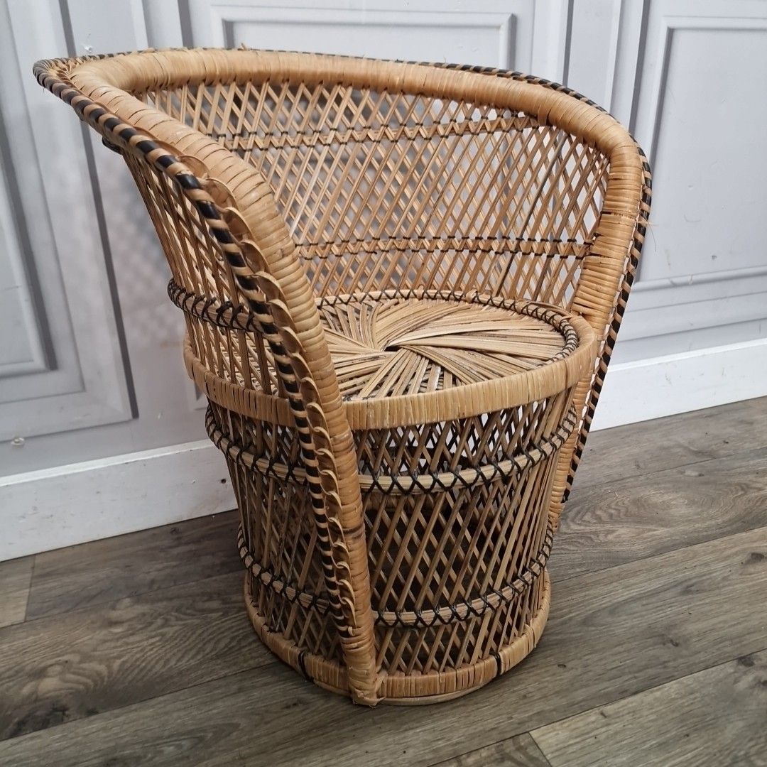 Retro Vintage Childs Small Rattan Bamboo Tub Chair Mid Century Seat Boho Tiki photo furniture