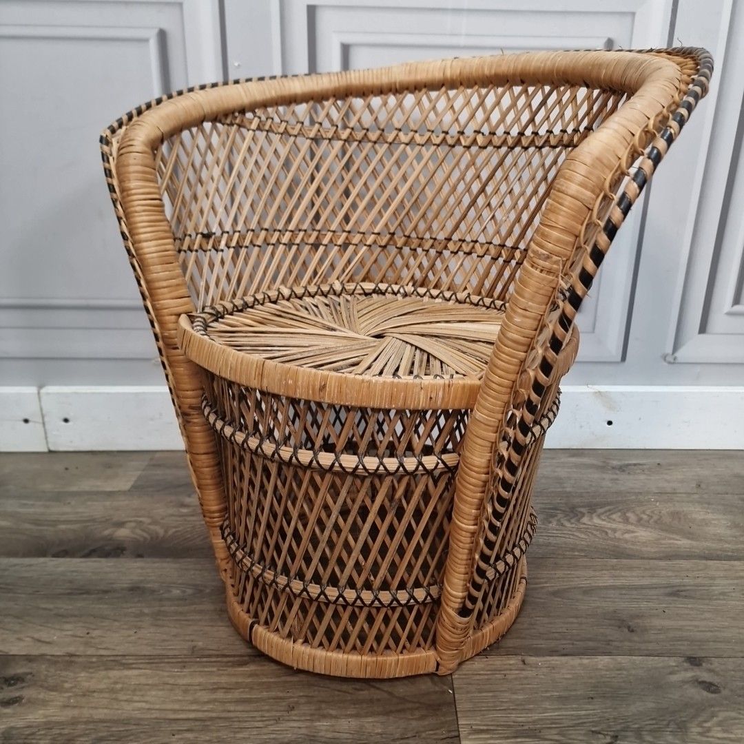 Retro Vintage Childs Small Rattan Bamboo Tub Chair Mid Century Seat Boho Tiki photo Furniture