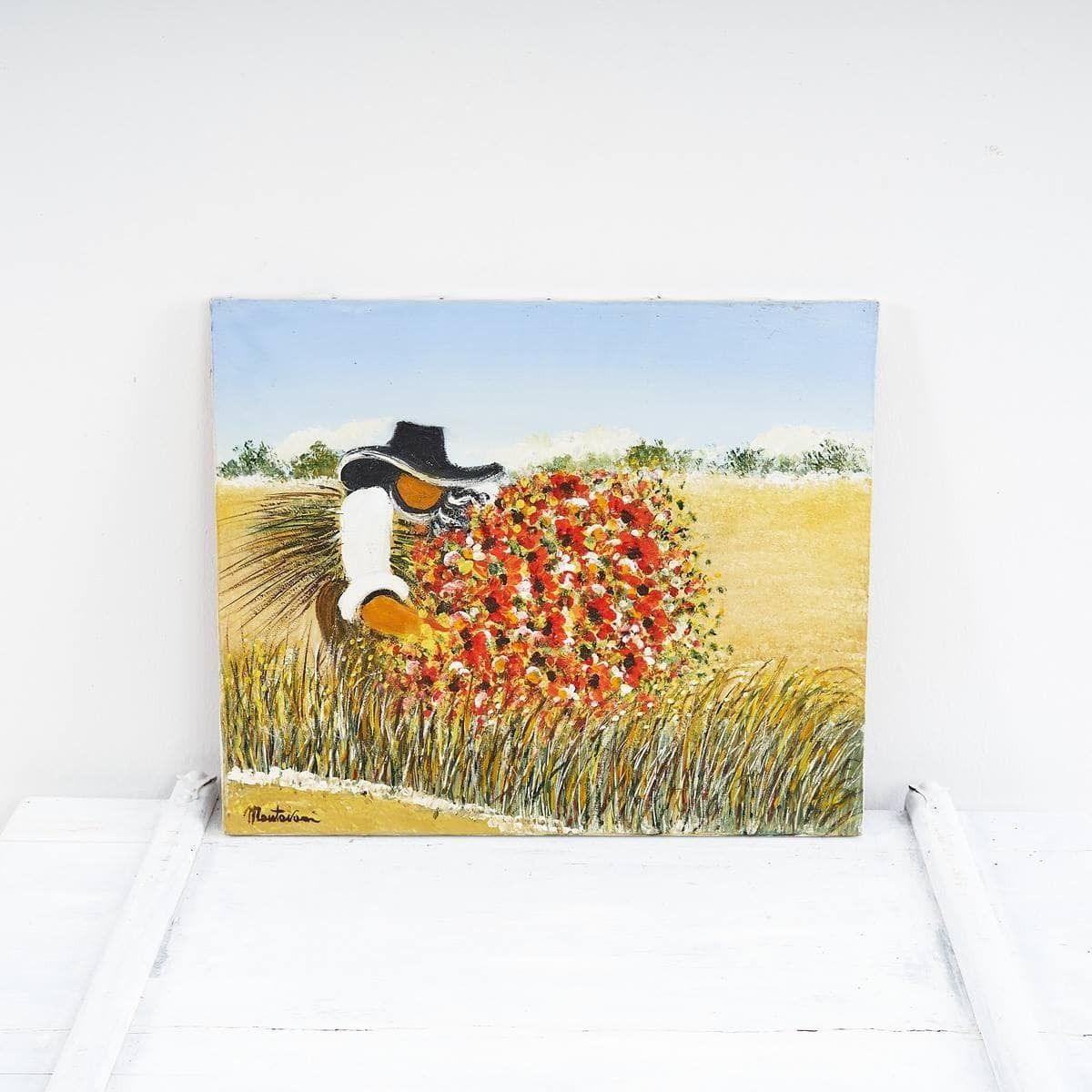 Oil On Canvas Peasant Fresco With Flowers By Costanzo Mantovani