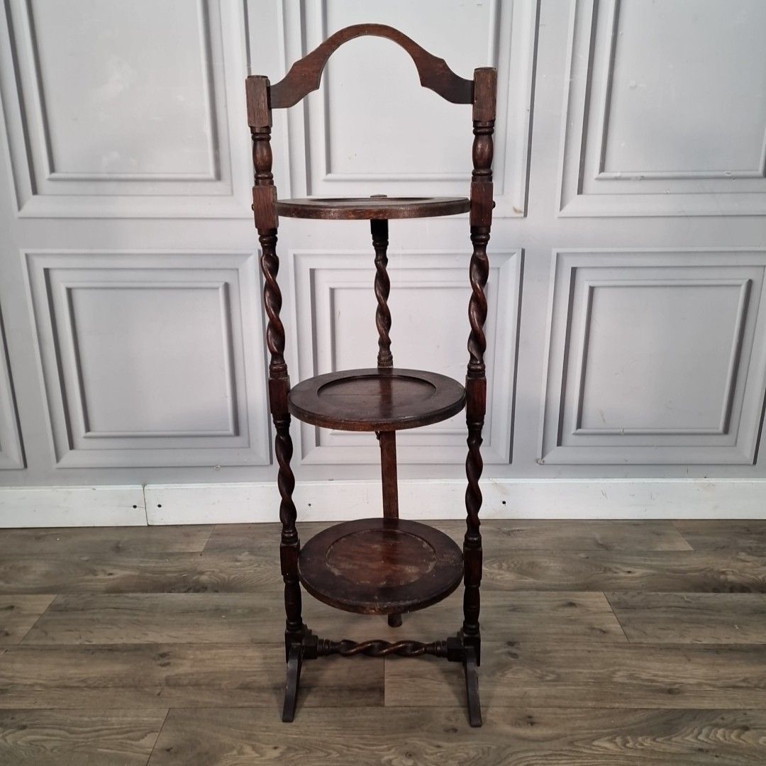 Antique Barley Twist 3 Tiered Fixed Muffineer Cake Plant Stand Wooden Solid Oak photo furniture
