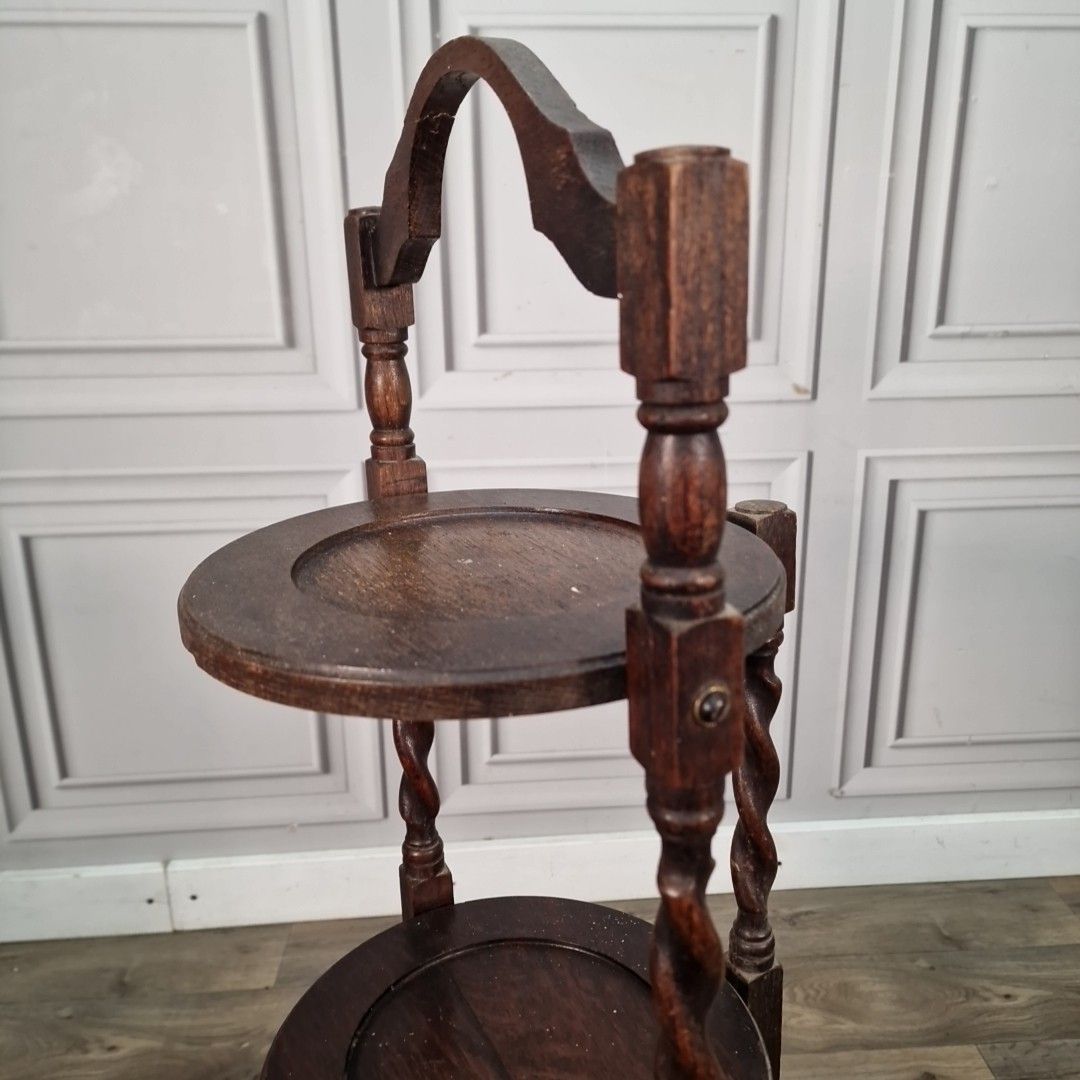 photo buy Antique Barley Twist 3 Tiered Fixed Muffineer Cake Plant Stand Wooden Solid Oak