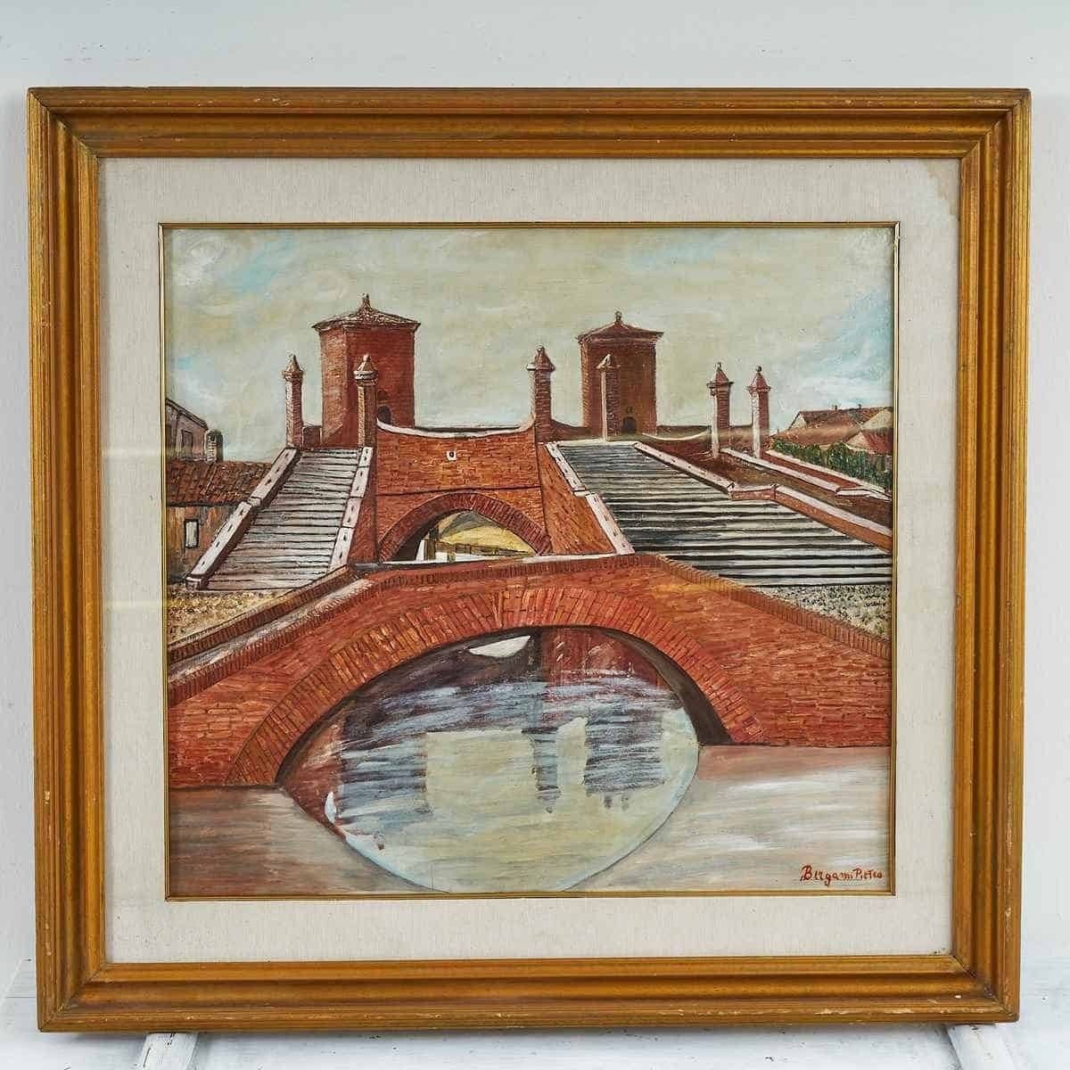 Oil On Vintage Panel: Three Bridges Of Comacchio By Pietro Bergami