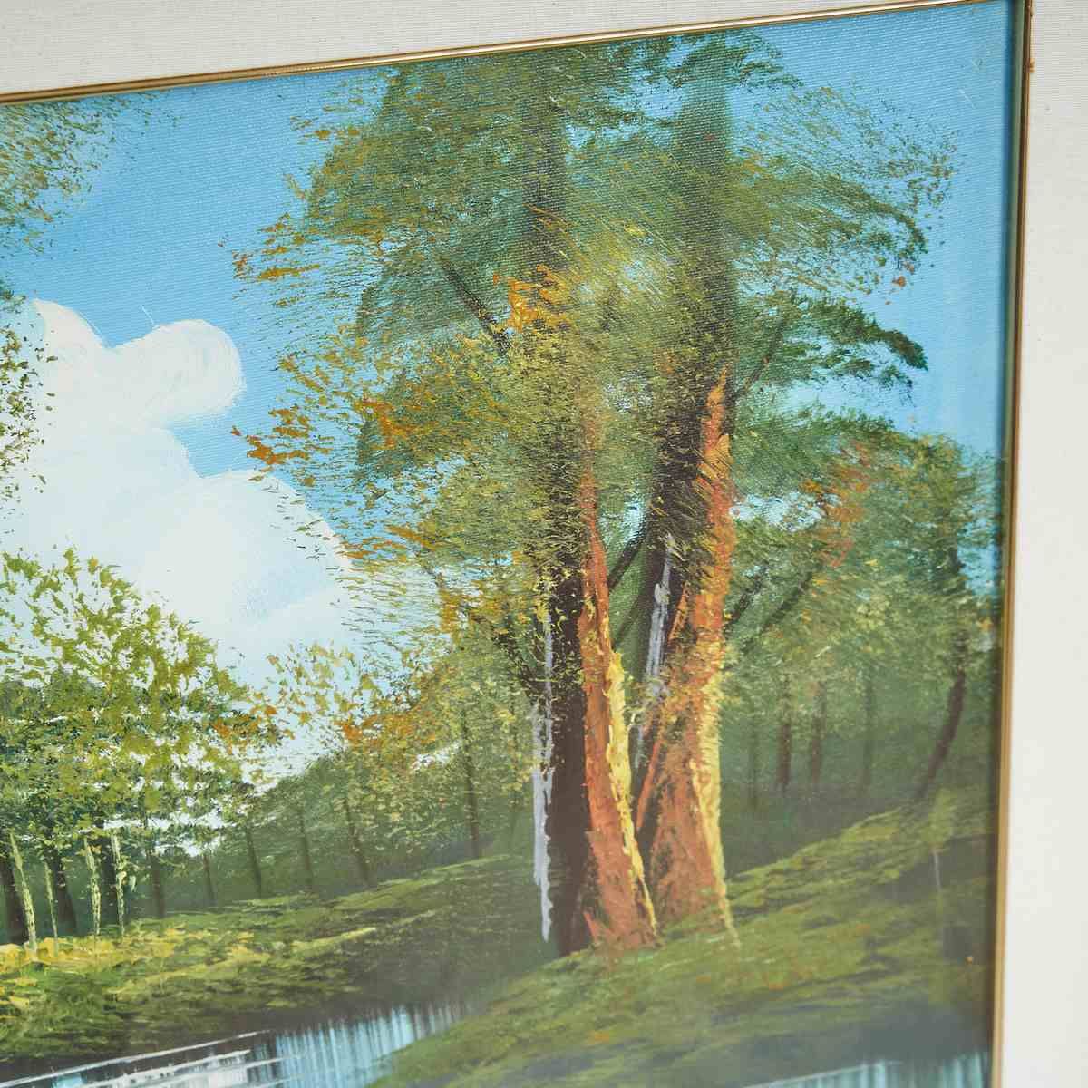 Oil On Canvas Elegant Landscape Painting With Golden Frame, 1980s photo for sale
