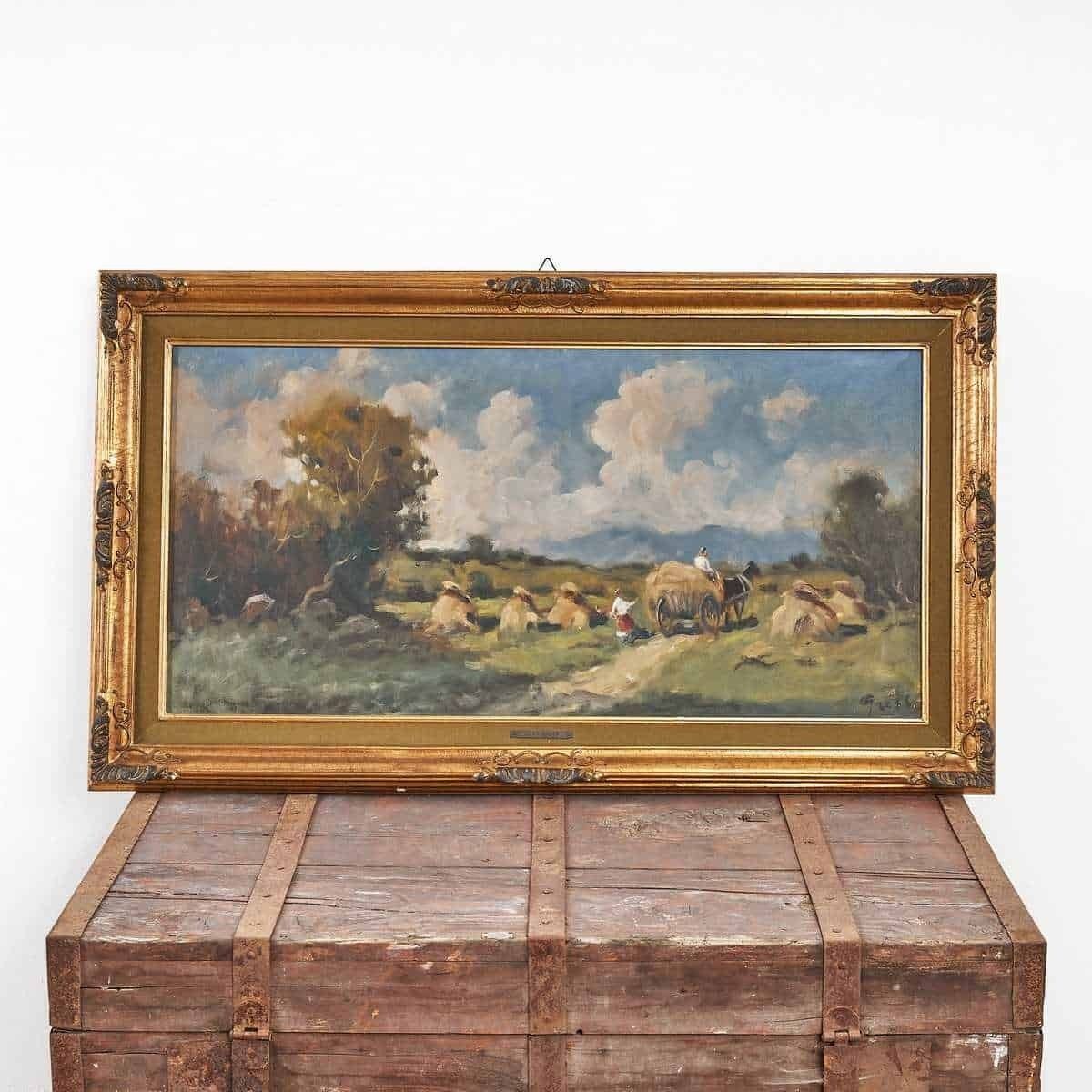 Oil On Canvas Hay Harvest Unique Work Of Art By Juan Gress
