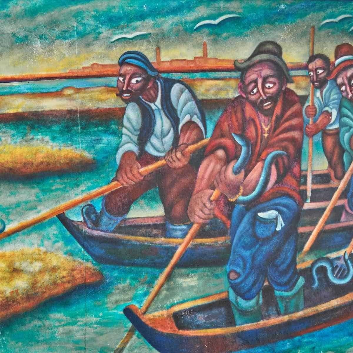 Oil On Canvas Young Fishermen: A Unique Work Of Art By Bruno Fantini photo vintage