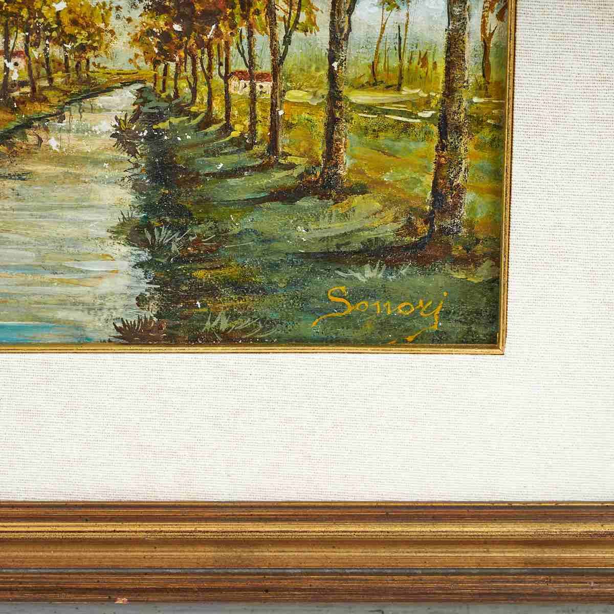 Oil On Vintage Canvas, Tree Lined Avenue Along The Canal. photo furniture