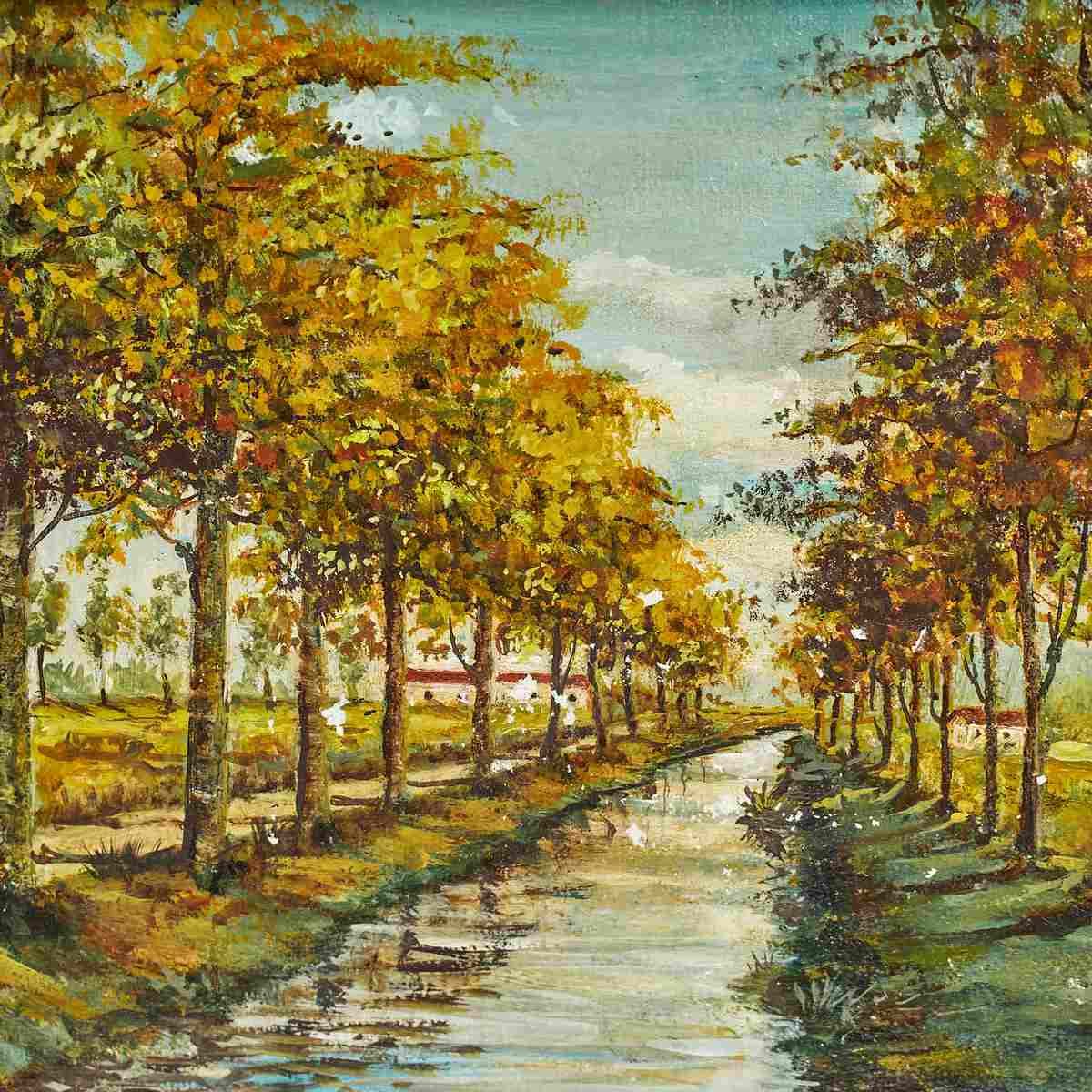 Oil On Vintage Canvas, Tree Lined Avenue Along The Canal. photo for sale