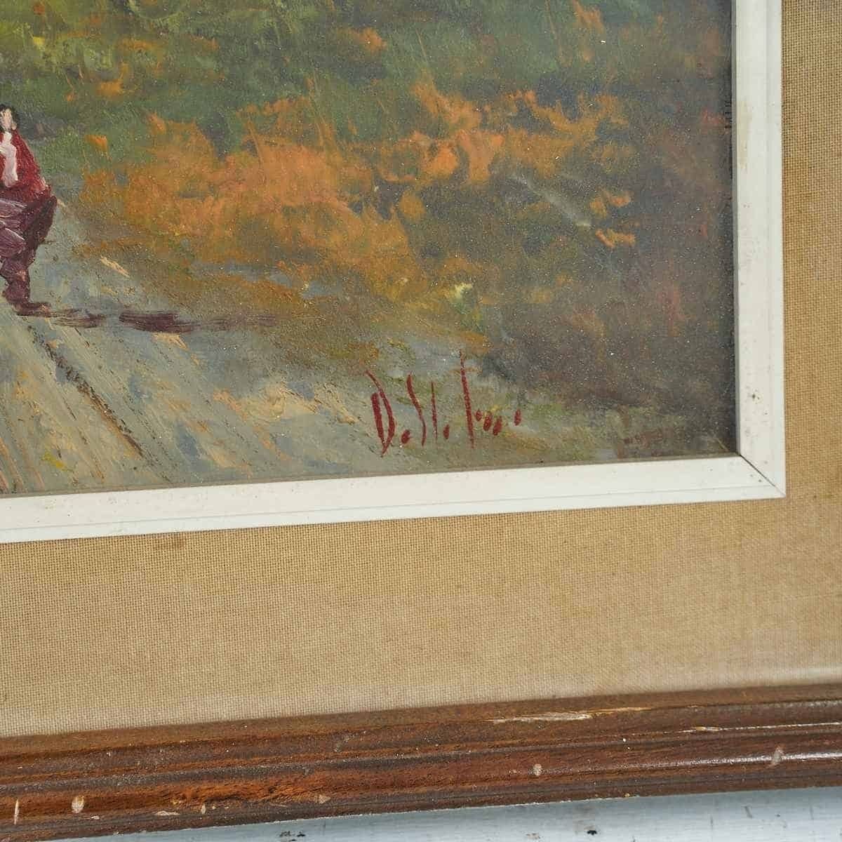 Oil On Table Landscape Of Unidentified Signature, 1970s. photo furniture