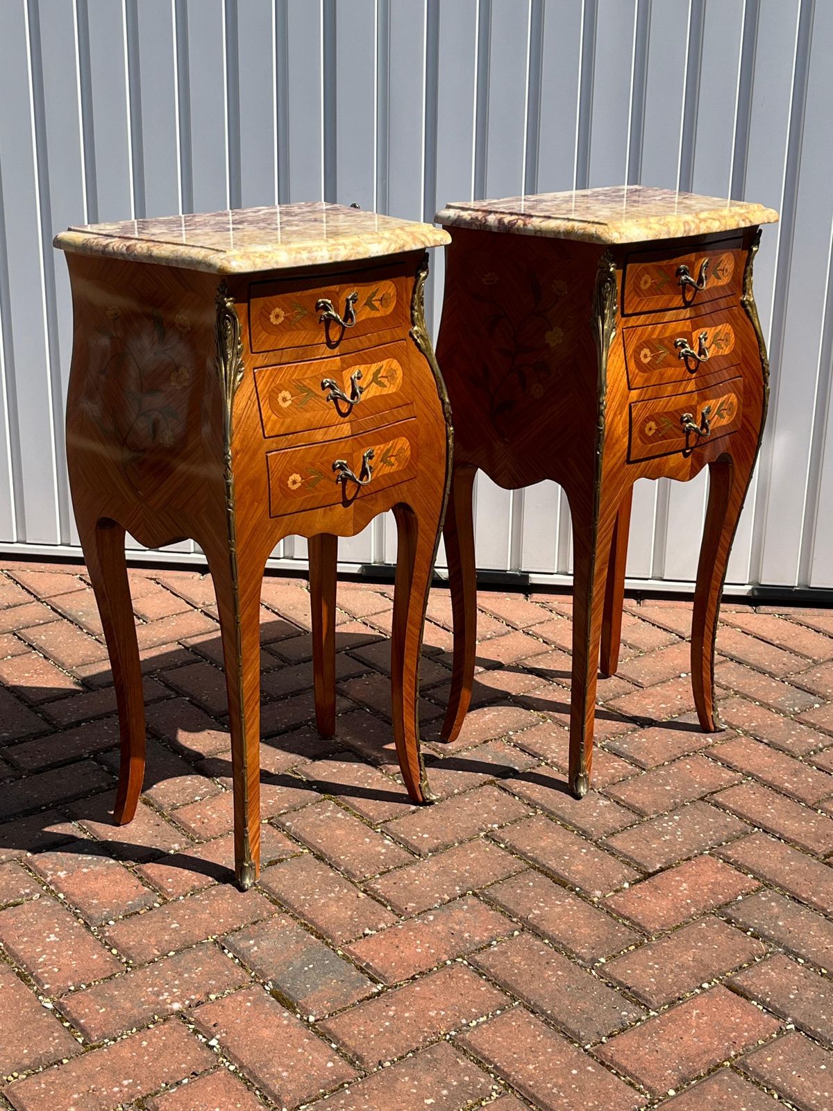 Pair Antique Bedside Cabinets Bombe Shape 3 Drawer Kingwood , France Ca 1900 photo furniture