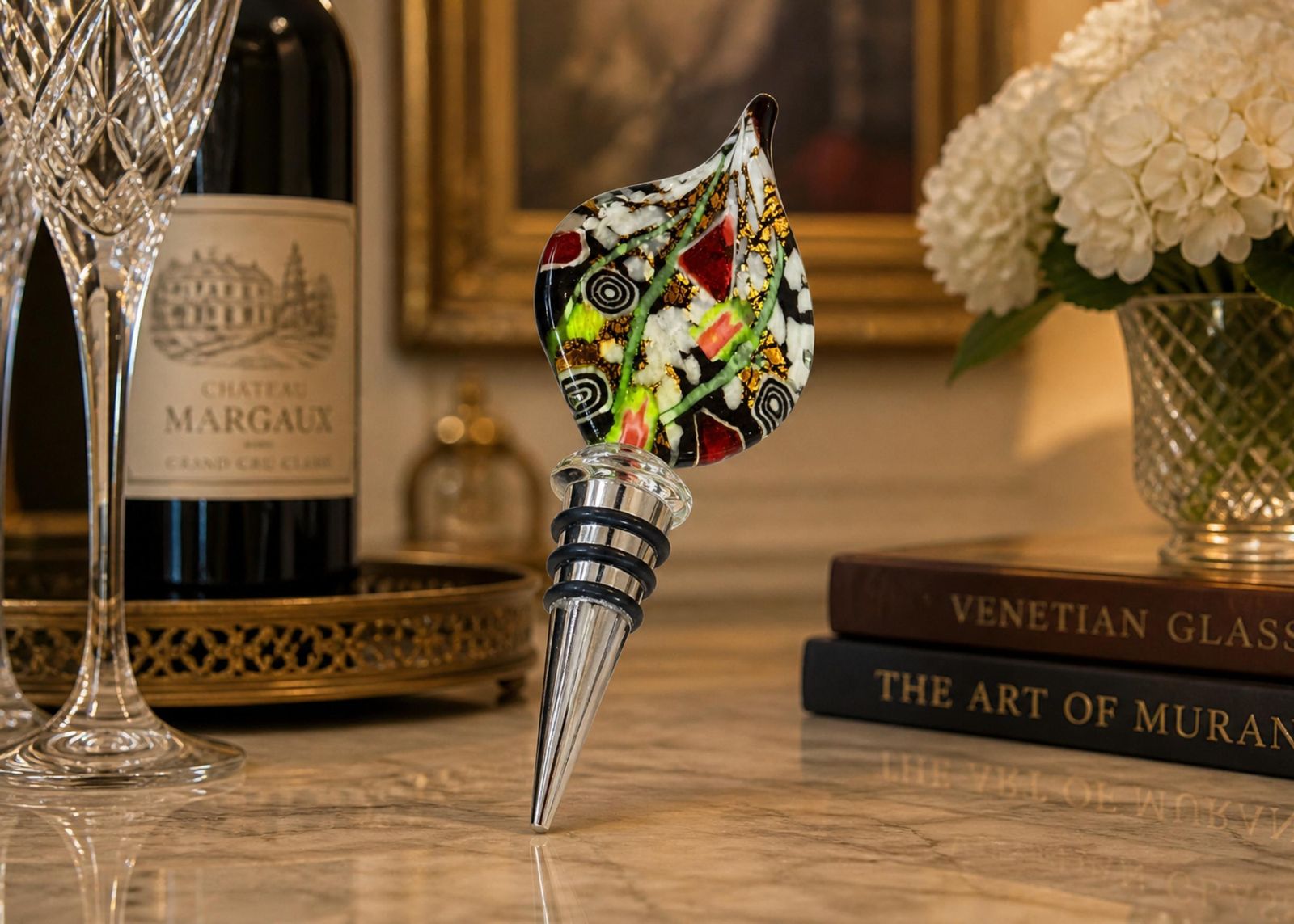 Murano Art Glass Flessenstopper, Handgeblazen Venetiaans Millefiori & Goud Aventurin photo Woonaccessoires