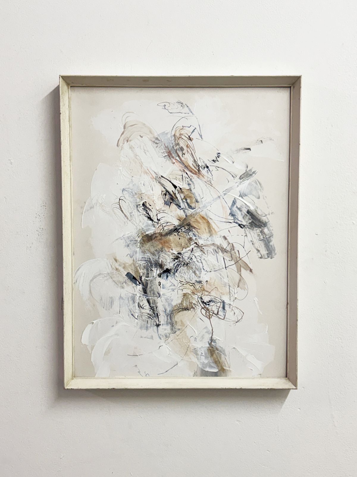Mid Century Abstract Expressionist White Frame Oil Ink Mixed Media Painting
