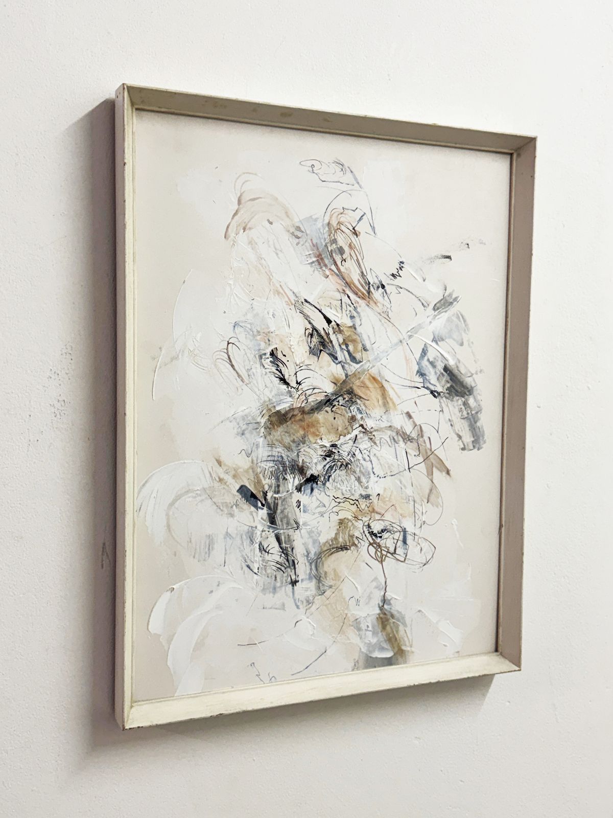 Mid Century Abstract Expressionist White Frame Oil Ink Mixed Media Painting photo furniture
