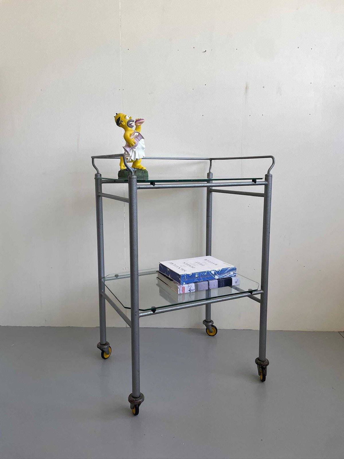 Vintage Industrial Or Medical Tubular Metal Trolley With Glass Shelves photo for sale