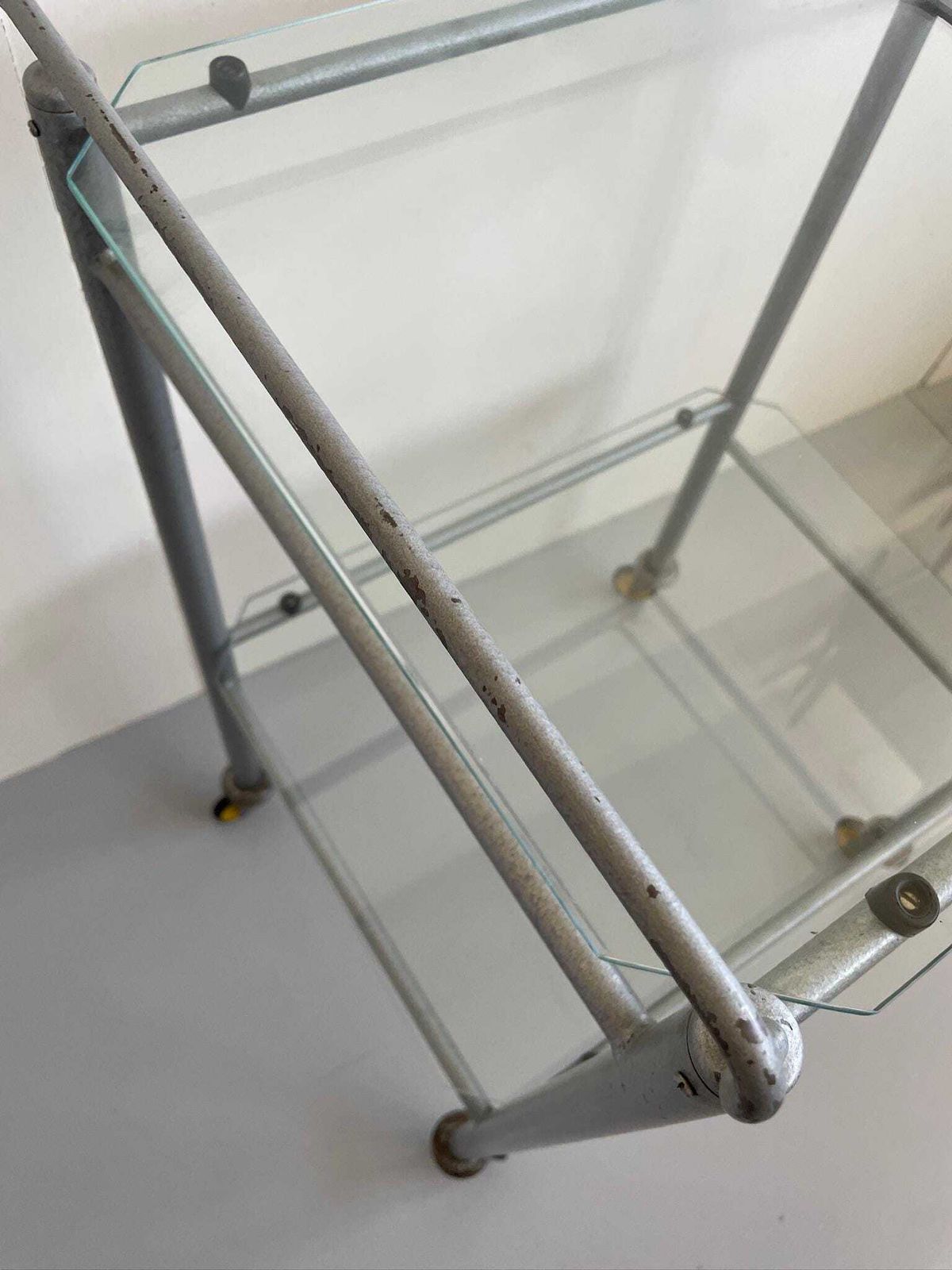 Vintage Industrial Or Medical Tubular Metal Trolley With Glass Shelves photo vinterior