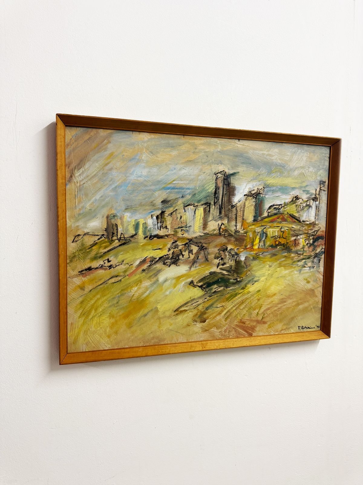 Mid Century Style Expressionist Coastal Fairground Oil Painting Signed F. Robbins photo for sale