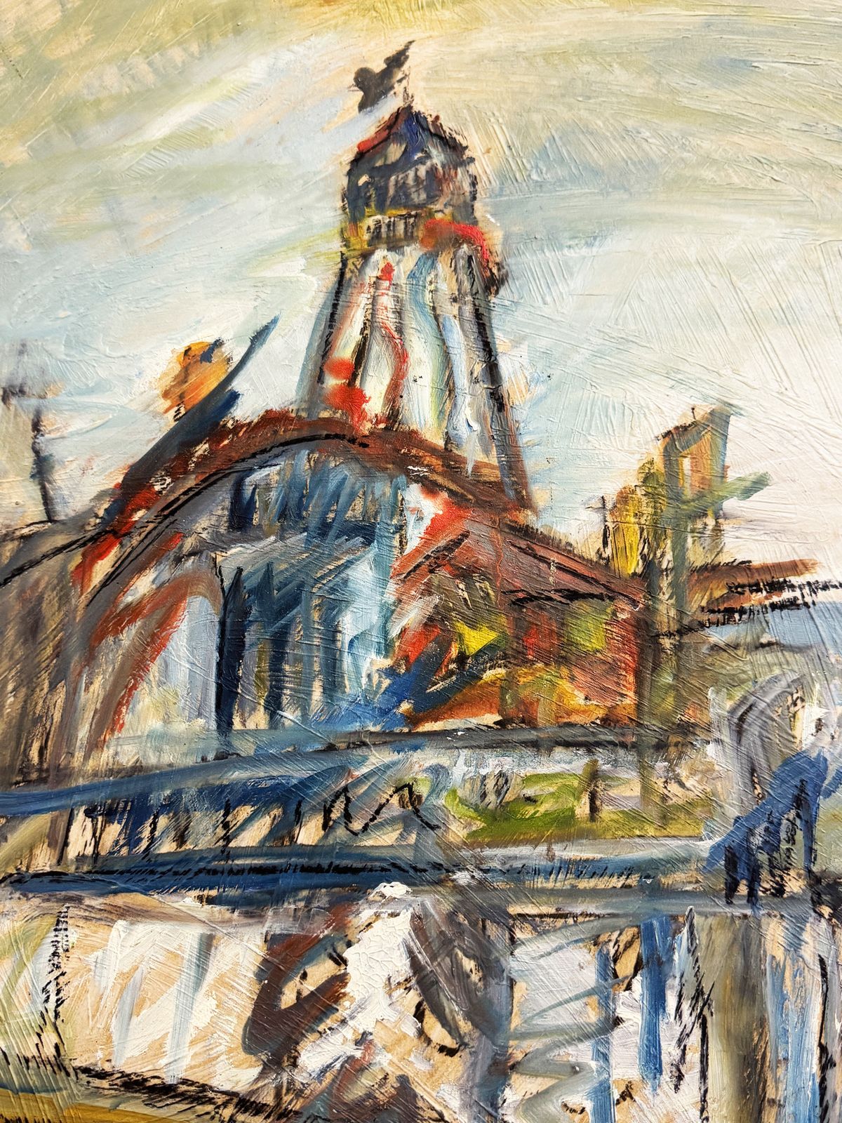 Mid Century Style Expressionist Coastal Fairground Oil Painting Signed F. Robbins photo furniture