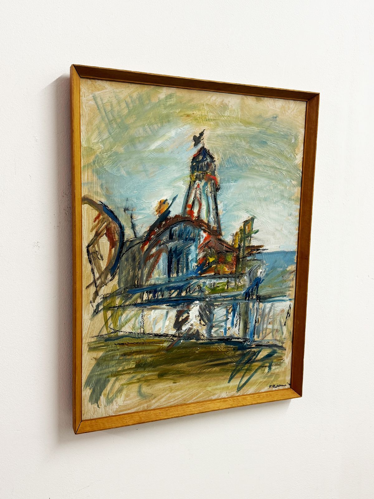 Mid Century Style Expressionist Coastal Fairground Oil Painting Signed F. Robbins photo for sale