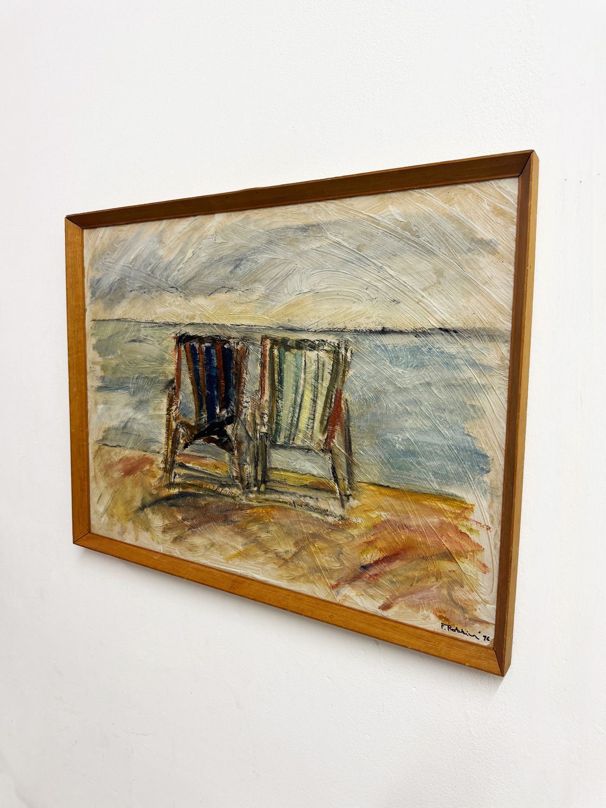 Mid Century Expressionist Beach Deck Chairs Oil Painting Signed F Robbins photo Art