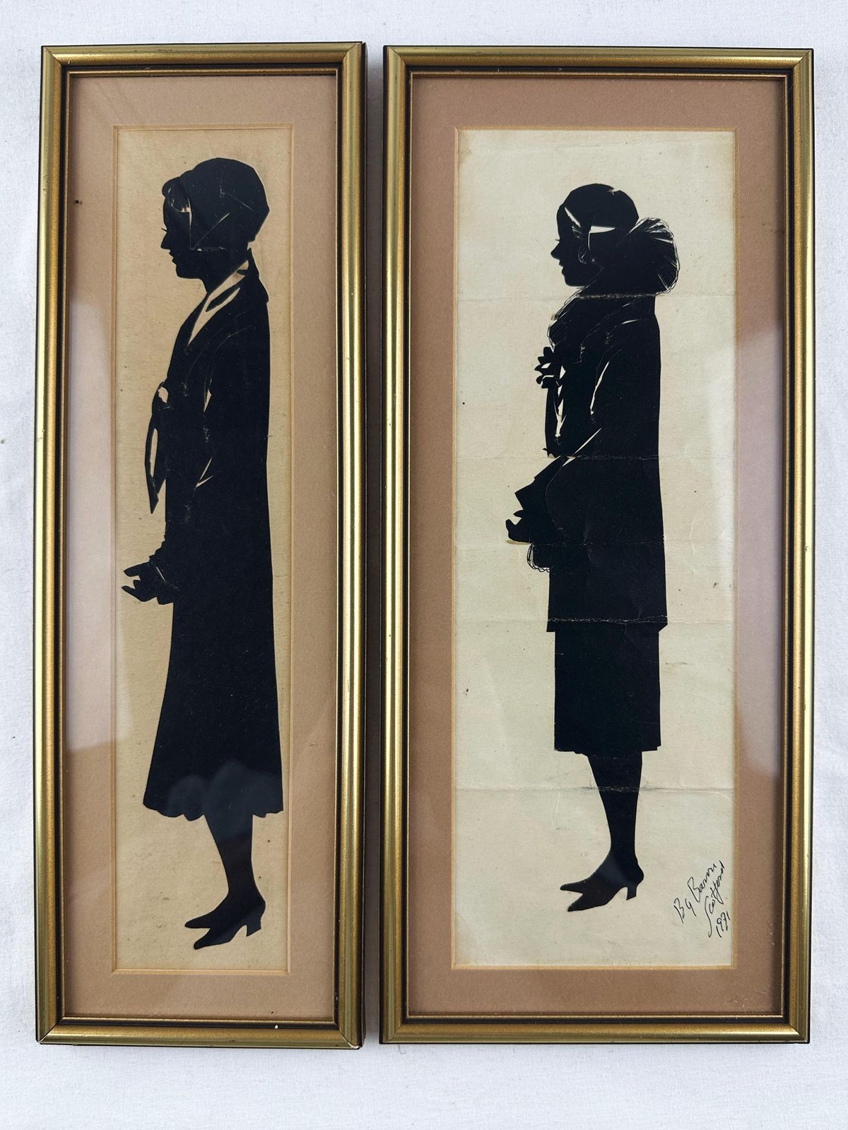 A Pair Of Silhouette Paper Cut Ladies By Artist Baron Scotford 1931 photo vintage