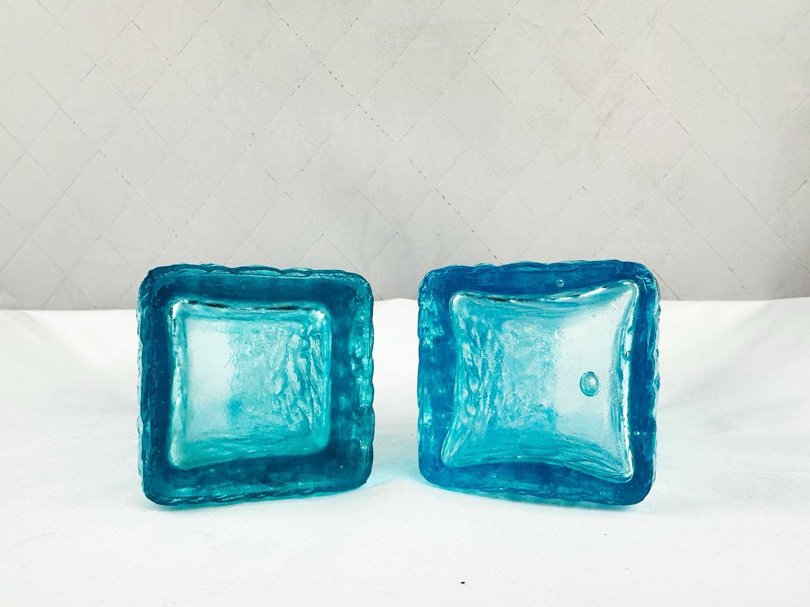 Pair Of Mid Century Davidson Brama Luna Turquoise Blue Vintage Glass Bark Vases 1960's photo vinterior