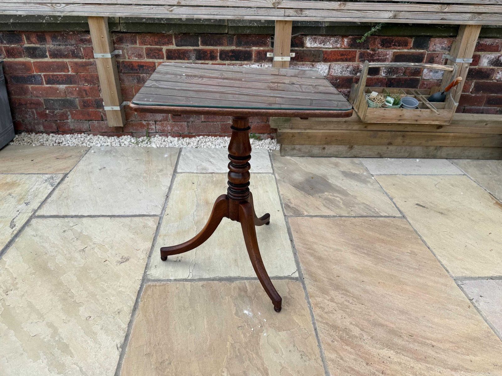 Antique Victorian Mahogany Wine Table, Pedestal Base And Glass Top photo vintage