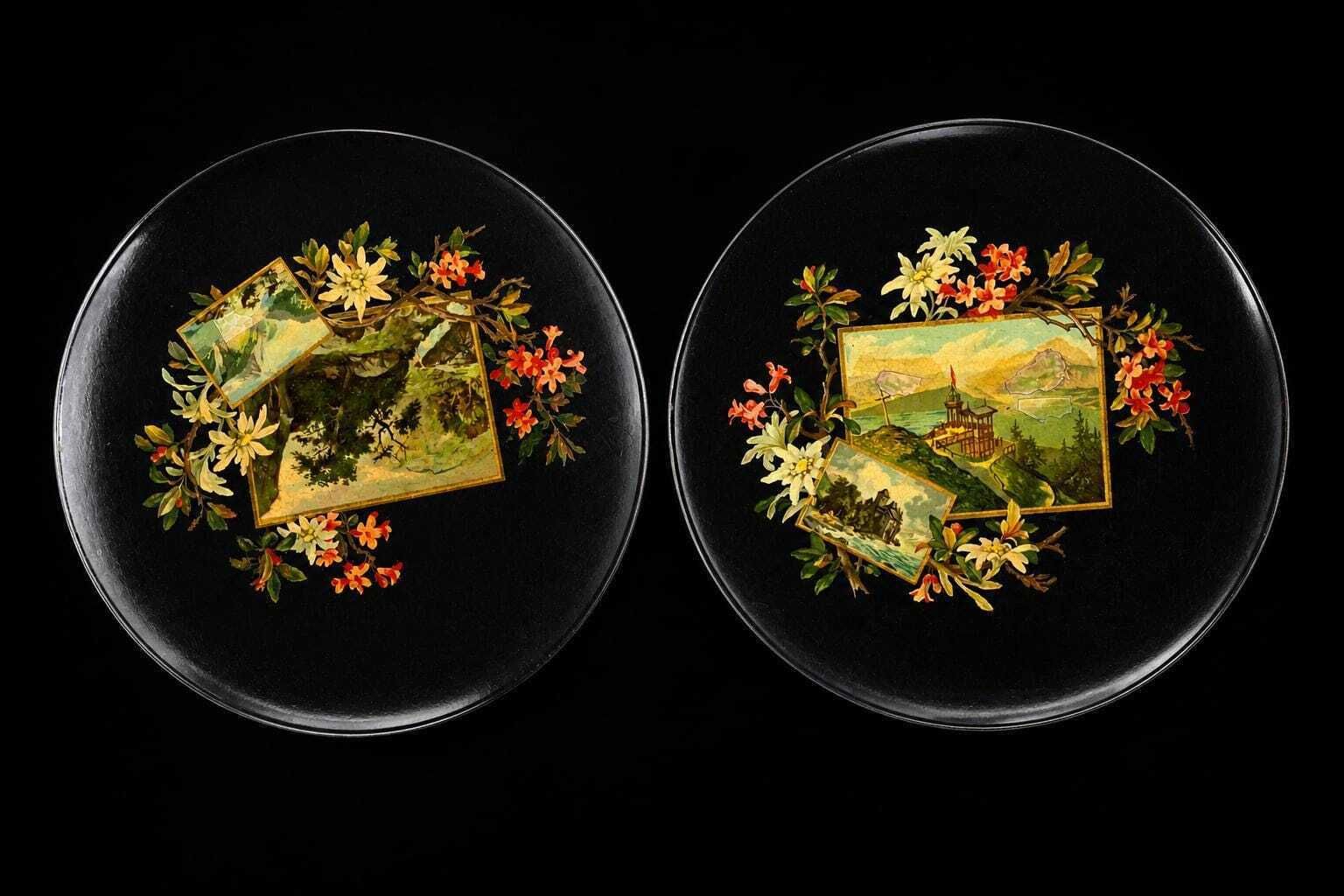 Antique Napoleon III Papier Mâché Lacquer Plates/Plaques Pair Hand Painted French Wall Decor Victorian Catchall, Black Lacque Floral Scenic