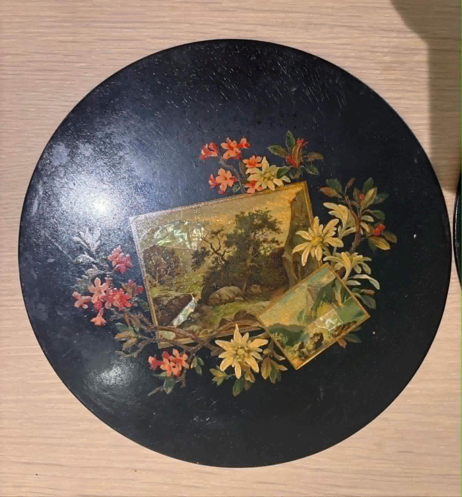 Antiek Napoleon III Papier Maché Lak Borden/Plaques, Paar, Handgeschilderd, Frans Wanddecor, Victoriaans, Zwart Lak Met Bloemen En Landschappen photo furniture