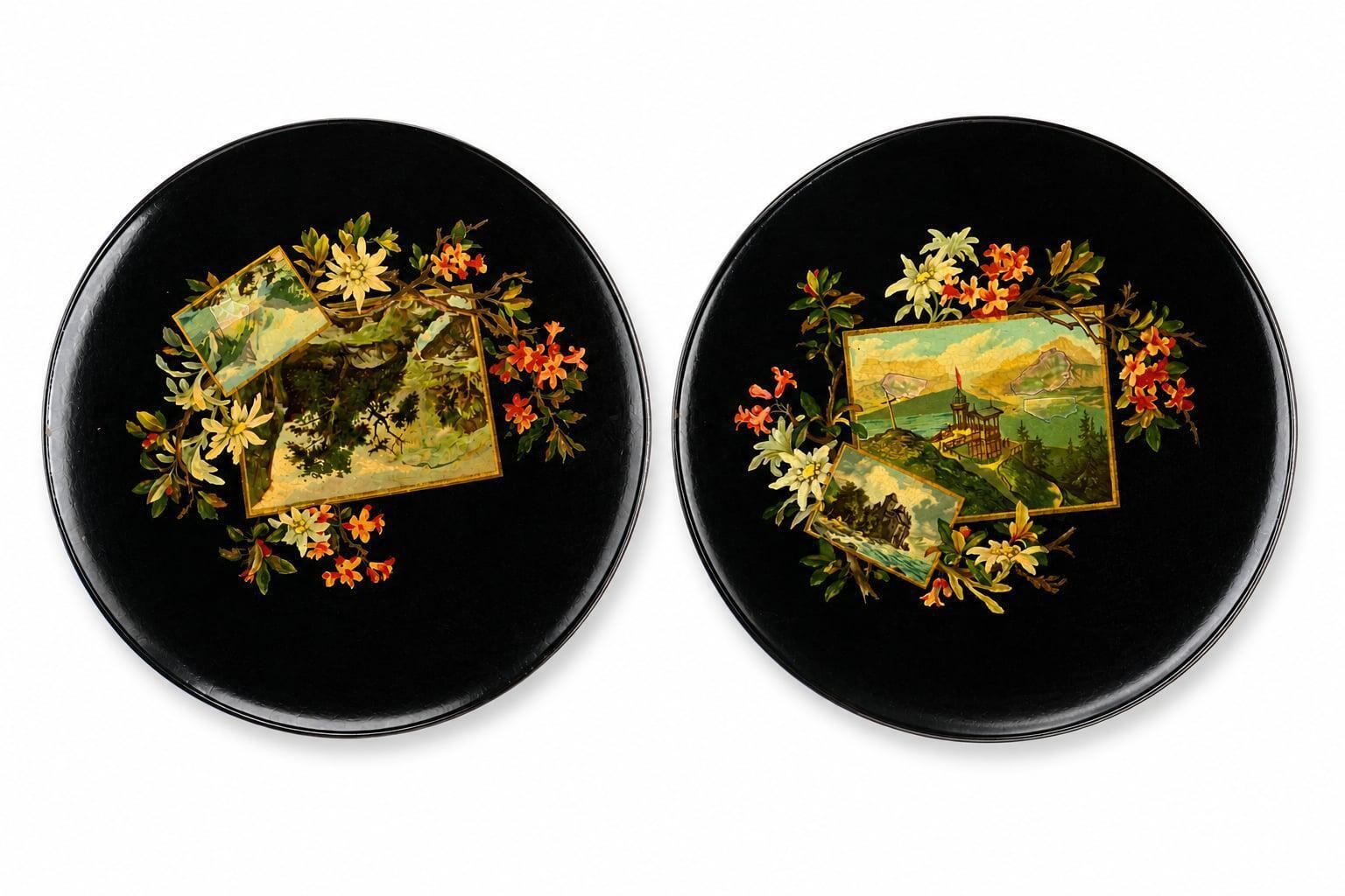 Antique Napoleon III Papier Mâché Lacquer Plates/Plaques Pair Hand Painted French Wall Decor Victorian Catchall, Black Lacque Floral Scenic photo Art