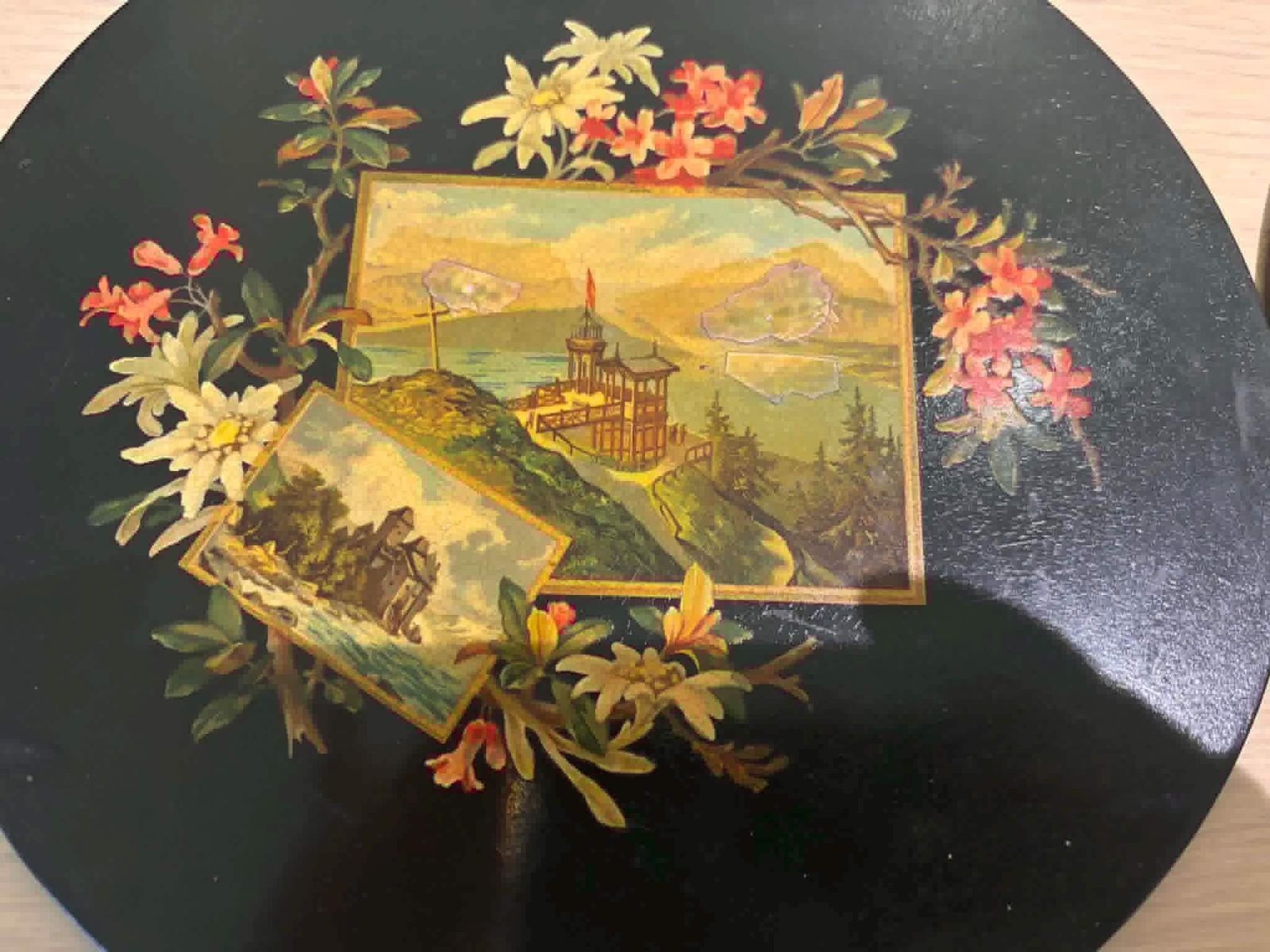 photo vinterior Antique Napoleon III Papier Mâché Lacquer Plates/Plaques Pair Hand Painted French Wall Decor Victorian Catchall, Black Lacque Floral Scenic