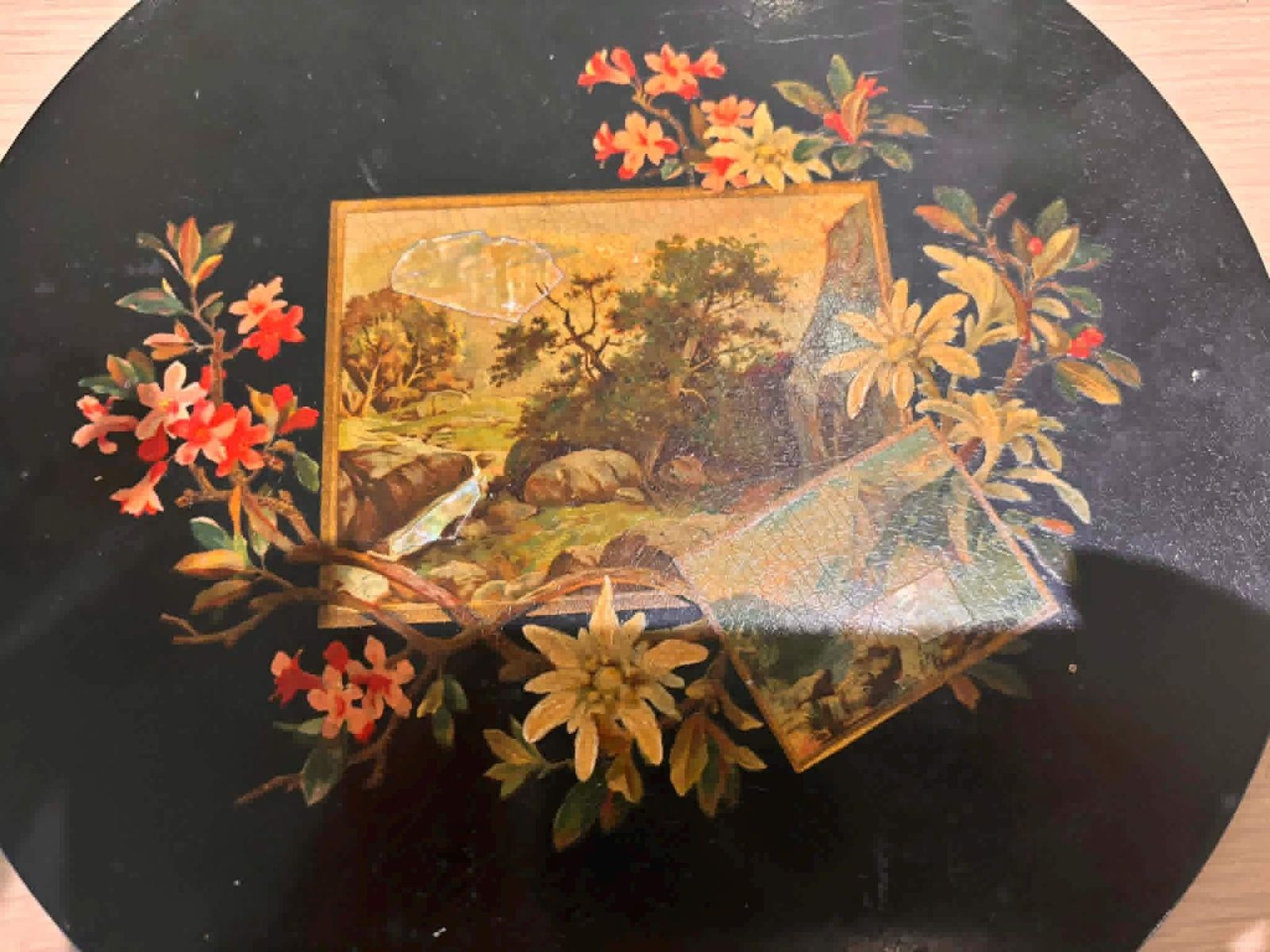 photo buy Antique Napoleon III Papier Mâché Lacquer Plates/Plaques Pair Hand Painted French Wall Decor Victorian Catchall, Black Lacque Floral Scenic