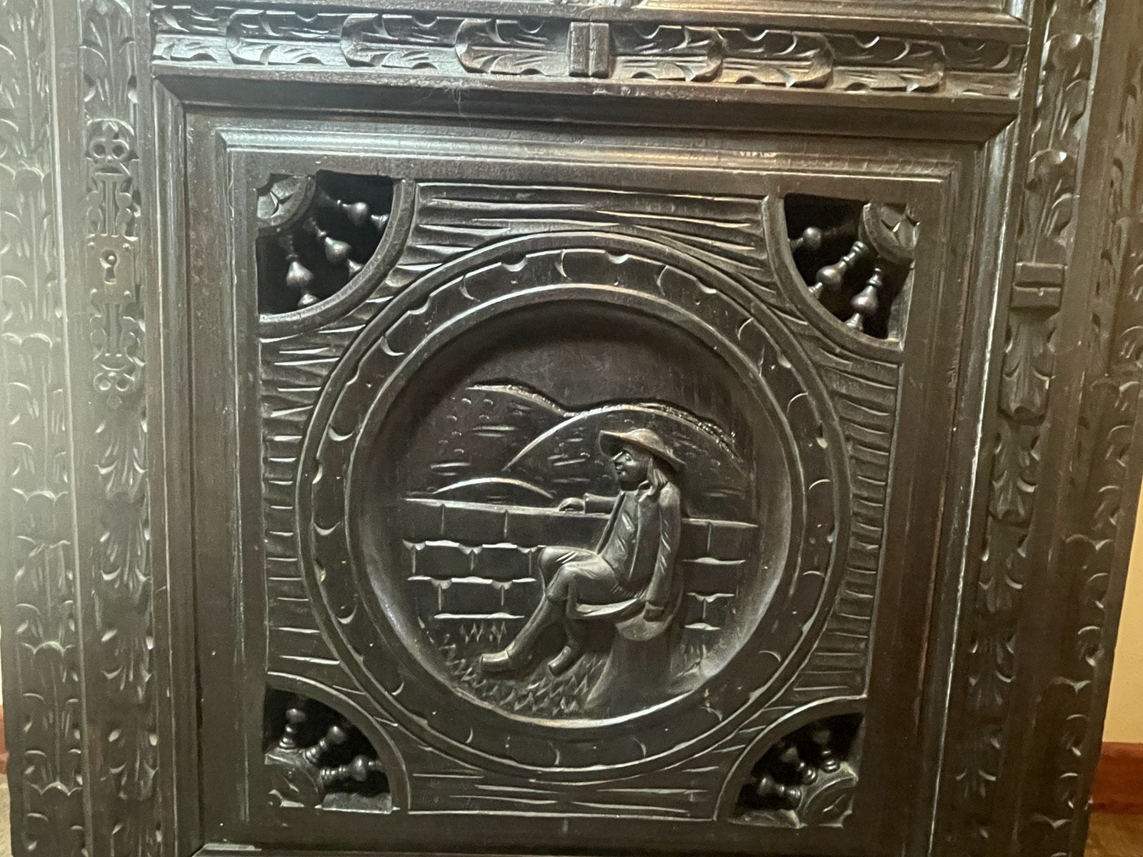 photo vintage Antique French 20th Century Ornately Carved Housekeeper’s / Kitchen Food Cupboard